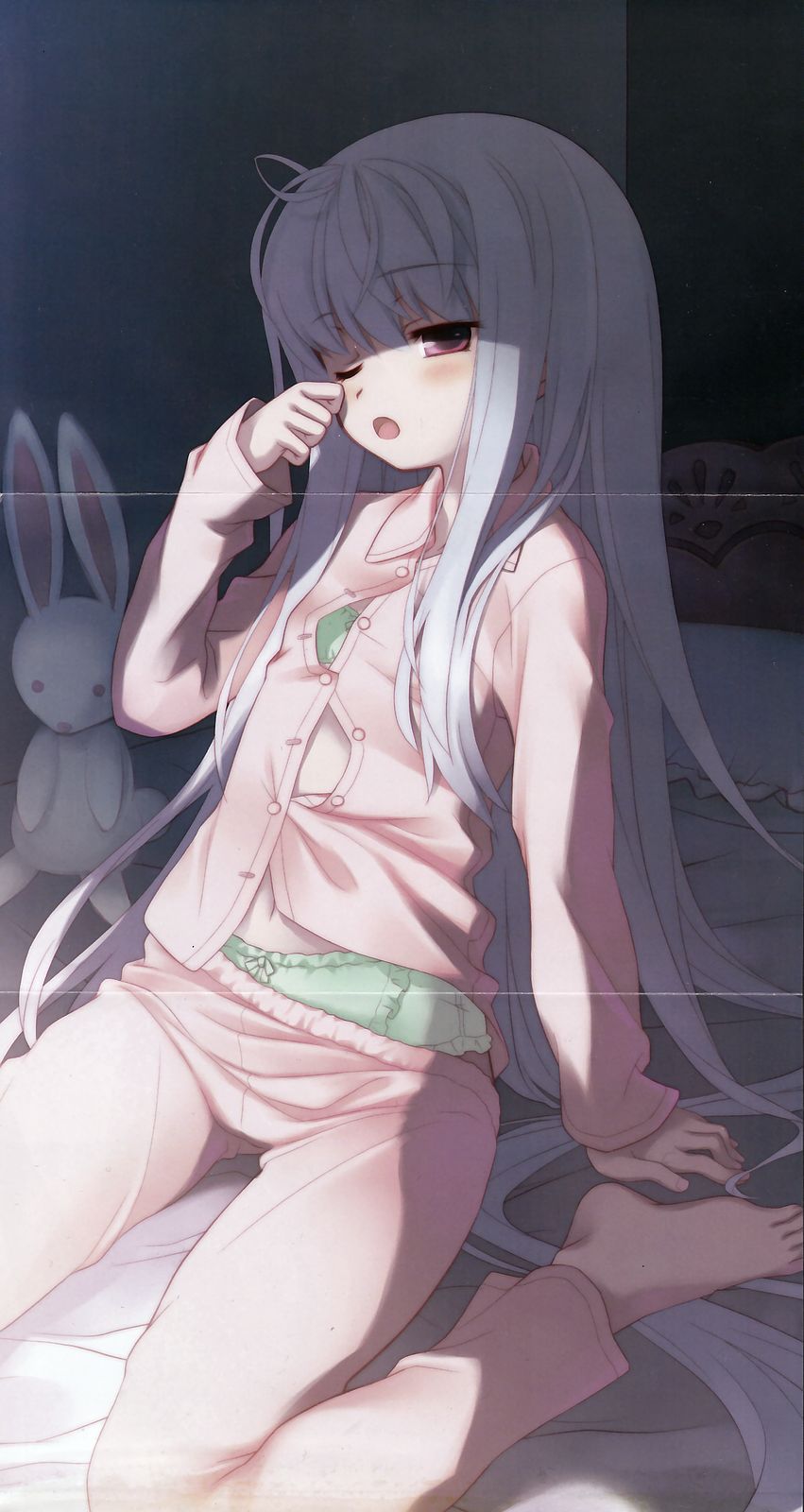 aoi kumiko, tachibana hinata (kaguya), kaguya ~tsuki no usagi no gin no hakobune~, highres, non-web source, scan, 1girl, barefoot, blue hair, blush, bow, bow bra, bow panties, bra, crease, feet, female focus, green bra, green panties, grey hair, lingerie, loli, long hair, navel, one eye closed, pajamas, panties, rabbit, red eyes, sleepy, solo, toes, underwear, very long hair, white hair, wink