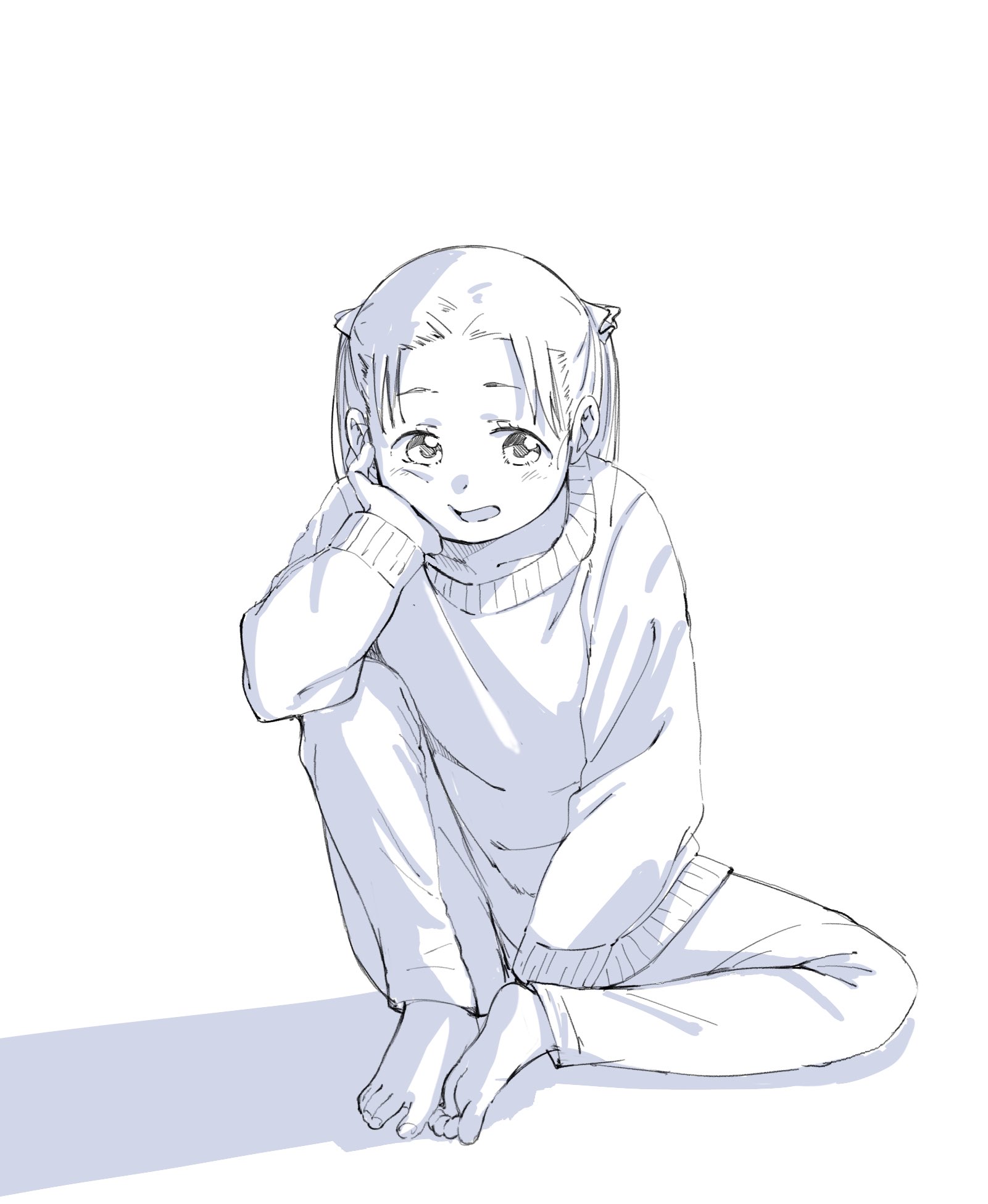 mitsuo252, matsuoka miu, ichigo mashimaro, highres, 1girl, barefoot, full body, head rest, monochrome, open mouth, short hair, sitting, smile, solo, sweater, twintails