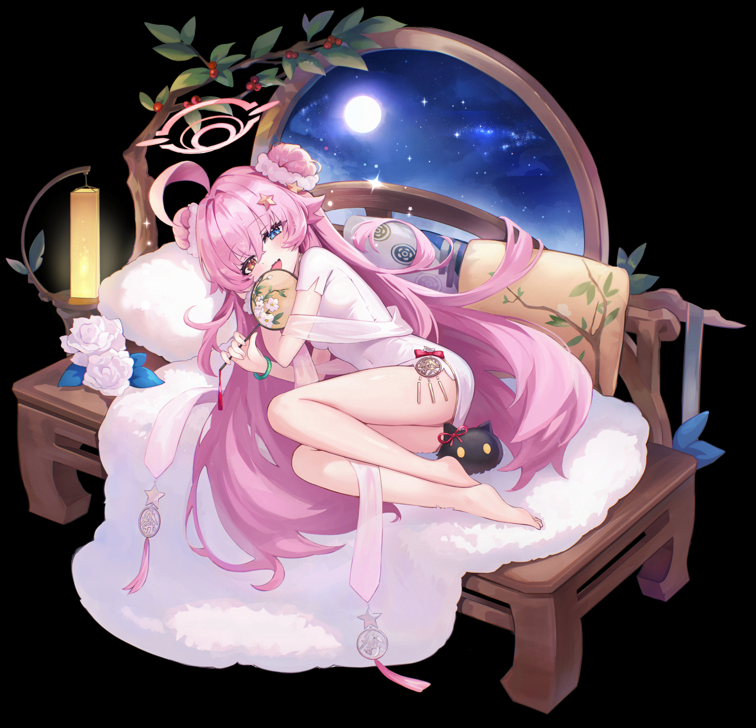 hoshino (blue archive), hoshino (flowery charms) (blue archive), blue archive, mahjong soul, commentary, highres, 1girl, :d, ahoge, bare legs, barefoot, black background, blue eyes, blush, branch, breasts, cano852, china dress, chinese clothes, covered navel, crossed bangs, double bun, dress, eyes visible through hair, fang, feet, floral print, flower, full body, full moon, hair between eyes, hair bun, hair intakes, hair ornament, hair spread out, halo, hand fan, heterochromia, holding, holding fan, huge ahoge, leaf, legs, long hair, looking at viewer, lying, moon, night, official alternate costume, official alternate hairstyle, on bed, on side, open mouth, pillow, pink hair, pink halo, rose, round window, short dress, short sleeves, simple background, skin fang, small breasts, smile, solo, sparkle, star (symbol), star hair ornament, thighs, very long hair, white dress, white flower, white rose, window, yellow eyes