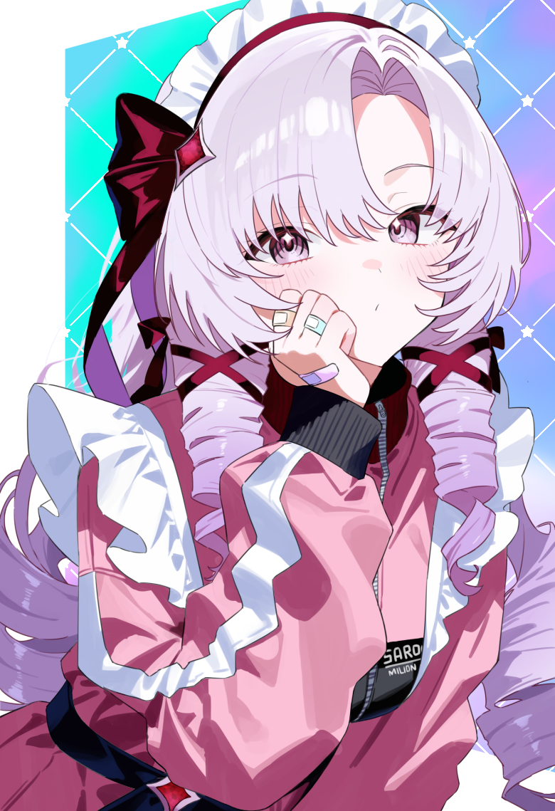 eigun801, hyakumantenbara salome, nijisanji, 1girl, bandaid, bandaid on finger, bandaid on hand, drill hair, grey hair, hair ribbon, jacket, long hair, long sleeves, maid headdress, pink jacket, purple eyes, purple ribbon, ribbon, solo, virtual youtuber