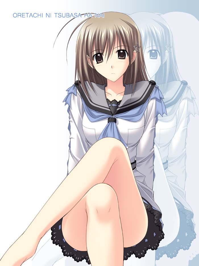 takepon, tamaizumi hiyoko, oretachi ni tsubasa wa nai, 1girl, barefoot, brown eyes, brown hair, crossed legs, female focus, hair ornament, hairclip, school uniform, short hair, sitting, solo, star (symbol), star hair ornament, zoom layer