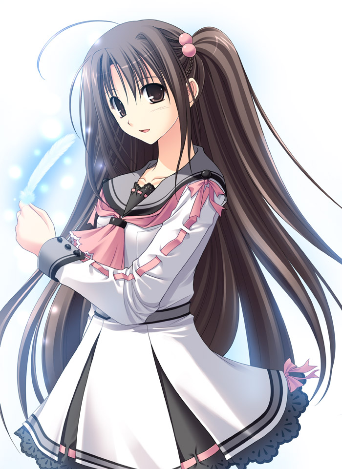 takepon, watarai asuka, oretachi ni tsubasa wa nai, 1girl, brown eyes, brown hair, feathers, female focus, gradient background, hair bobbles, hair ornament, long hair, school uniform, solo, white background