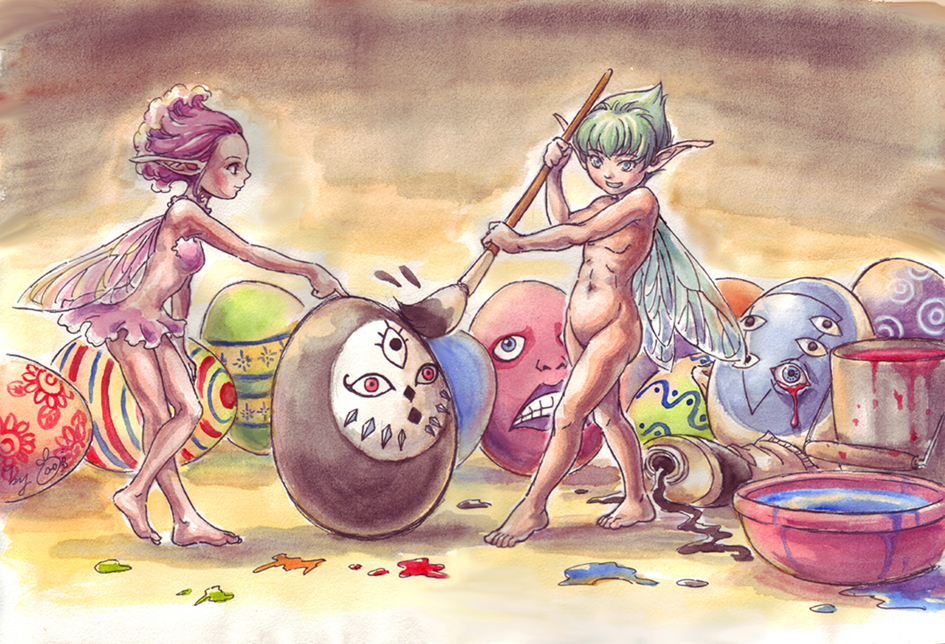 orange541, behelit, evarella (berserk), ivalera, lilith (evangelion), puck (berserk), rakshas, berserk, neon genesis evangelion, 1990s (style), 1boy, 1girl, barefoot, clothed female nude male, crossover, easter, easter egg, egg, fairy, feet, green hair, long pointy ears, nude, painting (action), pink hair, pointy ears, short hair, wings