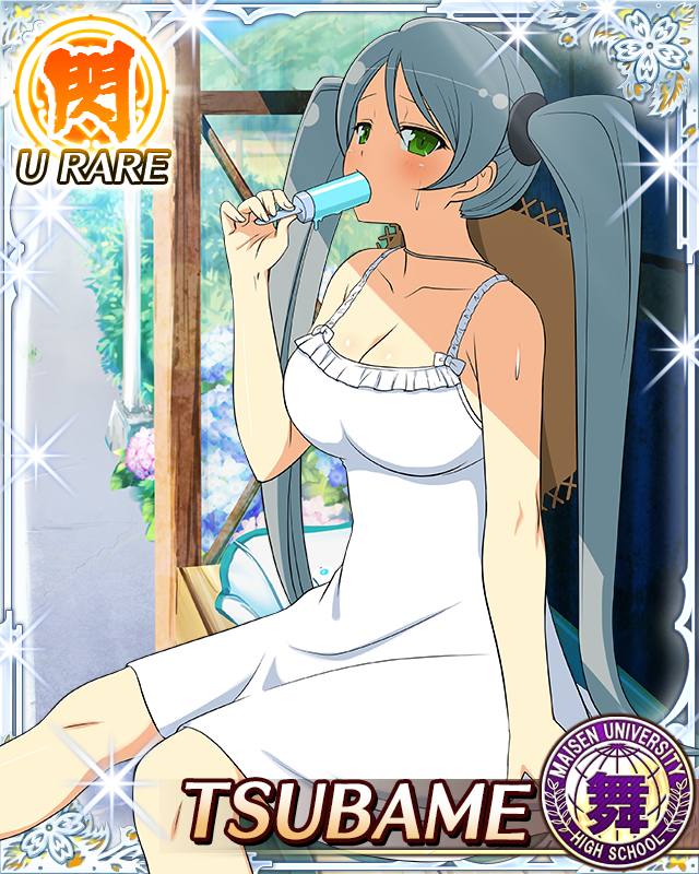 tsubame (senran kagura), senran kagura, senran kagura new wave, game cg, official art, third-party source, 1girl, border, breasts, bus stop shelter, card (medium), character name, cleavage, dress, food, food in mouth, green eyes, grey hair, hat, hat on back, holding, holding food, holding popsicle, hot, large breasts, long hair, looking at viewer, looking to the side, melting popsicle, outdoors, popsicle, popsicle in mouth, popsicle stick, shade, sitting, sleeveless, sleeveless dress, solo, straw hat, sundress, sunlight, swept bangs, twintails, very long hair, white dress