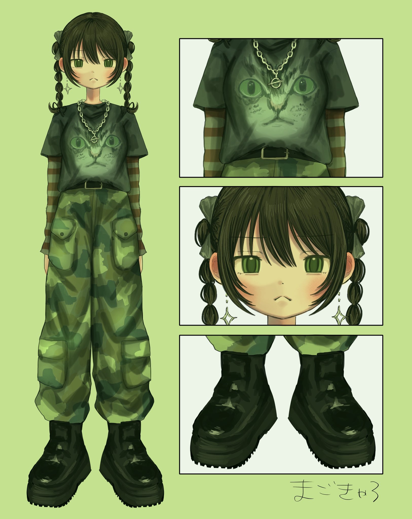 magochamu, original, highres, 1girl, belt, black boots, black hair, boots, camouflage, camouflage pants, green eyes, pants, shirt, solo, striped clothes, striped shirt