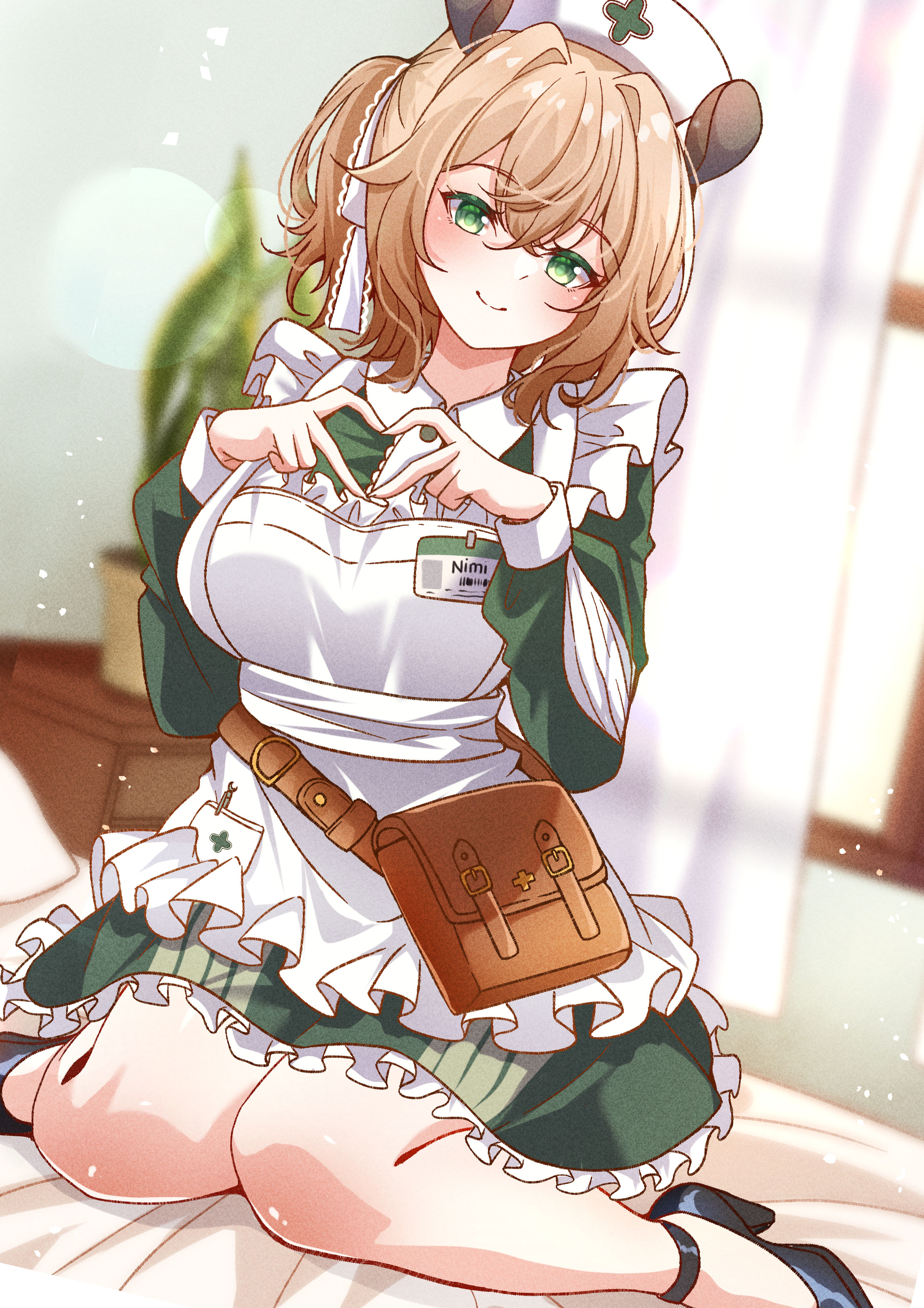 cyanzan, nimi nightmare, indie virtual youtuber, absurdres, commentary, highres, 1girl, animal ears, ankle strap, apron, blurry, blurry background, breasts, brown bag, brown hair, closed mouth, cross, cross print, curtains, dress, dutch angle, four-finger heart hands, frilled apron, frilled skirt, frills, full body, green dress, green eyes, hair between eyes, hair intakes, hair ribbon, hands up, hat, heart, heart hands, high heels, id card, indoors, lace, lace-trimmed ribbon, lace trim, large breasts, nurse cap, on bed, one side up, pillow, plant, potted plant, ribbon, seiza, short hair, sitting, skirt, smile, solo, tapir ears, tapir girl, waist bag, white apron, white ribbon, window