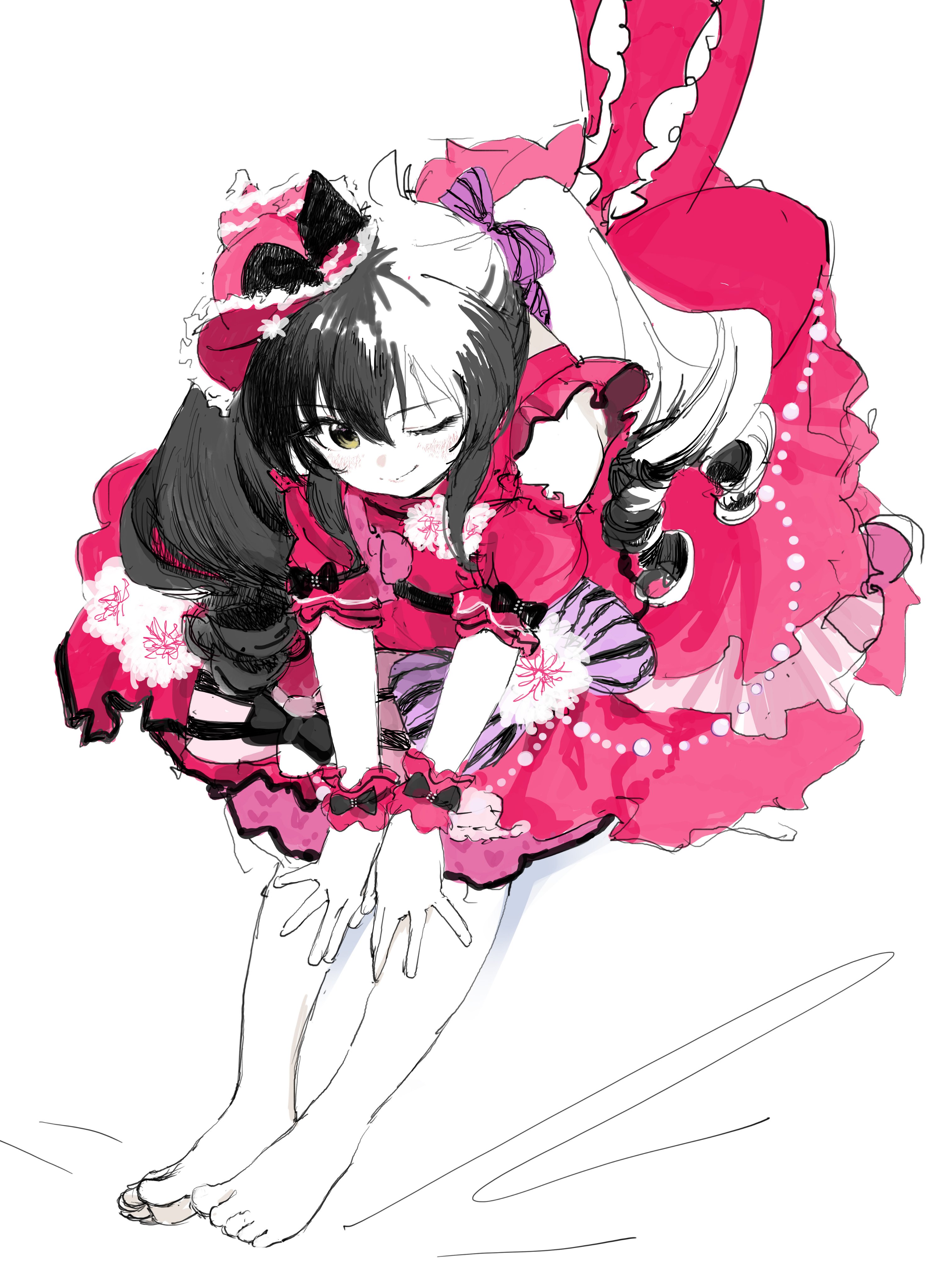 piezo, matoba risa, idolmaster, idolmaster cinderella girls, absurdres, commentary request, highres, 1girl, barefoot, black hair, blush, brown eyes, dress, drill hair, full body, long hair, looking at viewer, one eye closed, pink dress, sitting, sketch, smile, solo, toes
