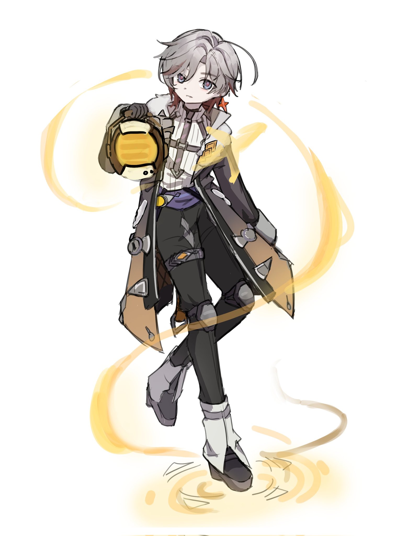 genshin impact, highres, 1boy, aphoyyo6, black gloves, closed mouth, full body, fur collar, fur trim, gloves, grey hair, holding, holding lantern, illuga (genshin impact), lantern, looking at viewer, male focus, purple eyes, shirt, short hair, solo, turtleneck, white shirt