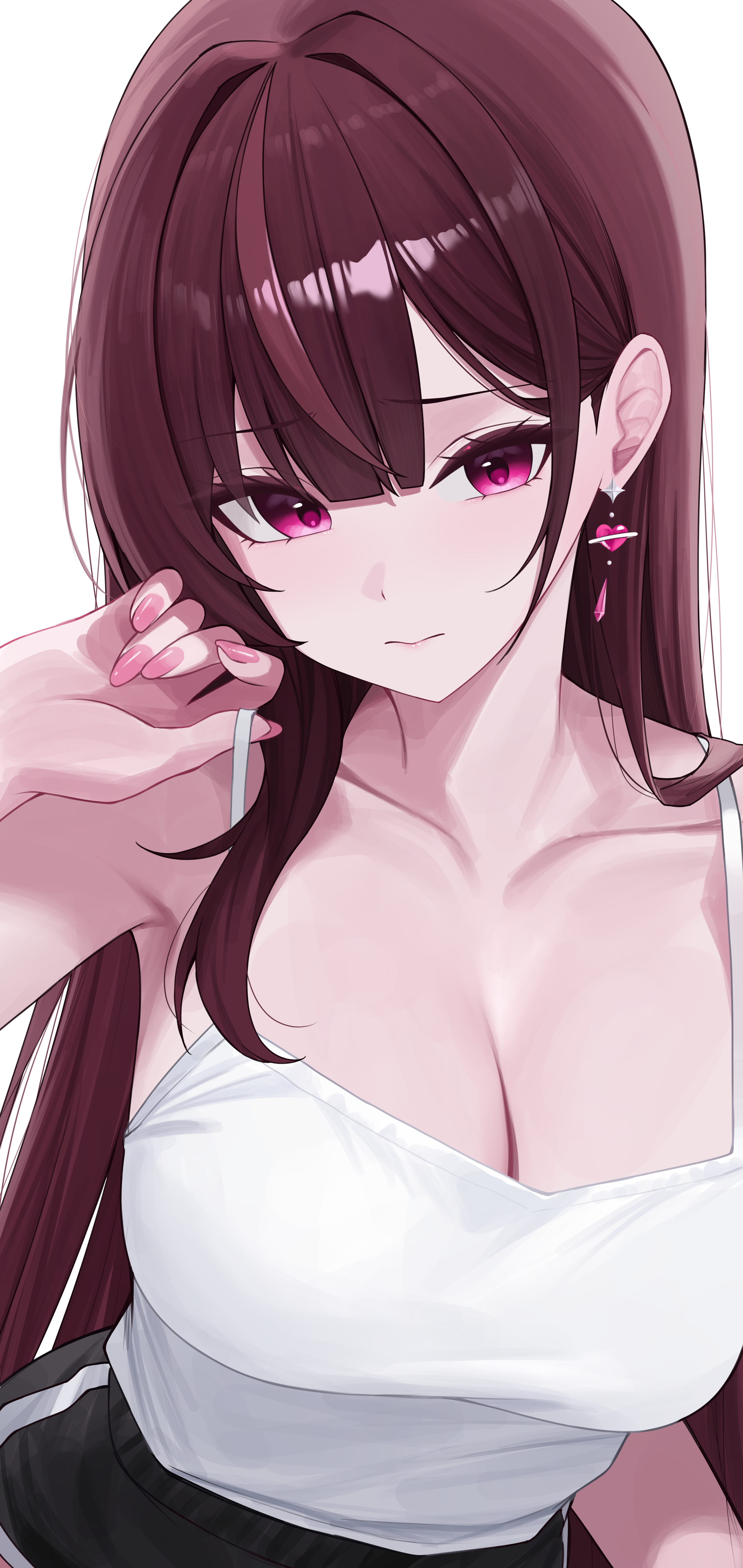 sei (0724sei6), jururu, waktaverse, absurdres, highres, 1girl, bare shoulders, black shorts, breasts, camisole, cleavage, collarbone, hand up, large breasts, long hair, looking at viewer, multicolored hair, nail polish, pink nails, purple eyes, purple hair, shirt, shorts, sleeveless, sleeveless shirt, solo, streaked hair, upper body, virtual youtuber, white shirt
