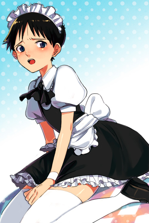 hosaka dx, kichi (pixiv391934), ikari shinji, neon genesis evangelion, bad id, bad pixiv id, 1boy, alternate costume, androgynous, apron, blush, crossdressing, crossdressing (mtf), enmaided, hairband, maid, maid apron, male focus, male maid, ribbon, short hair, solo, thighhighs, trap, zettai ryouiki