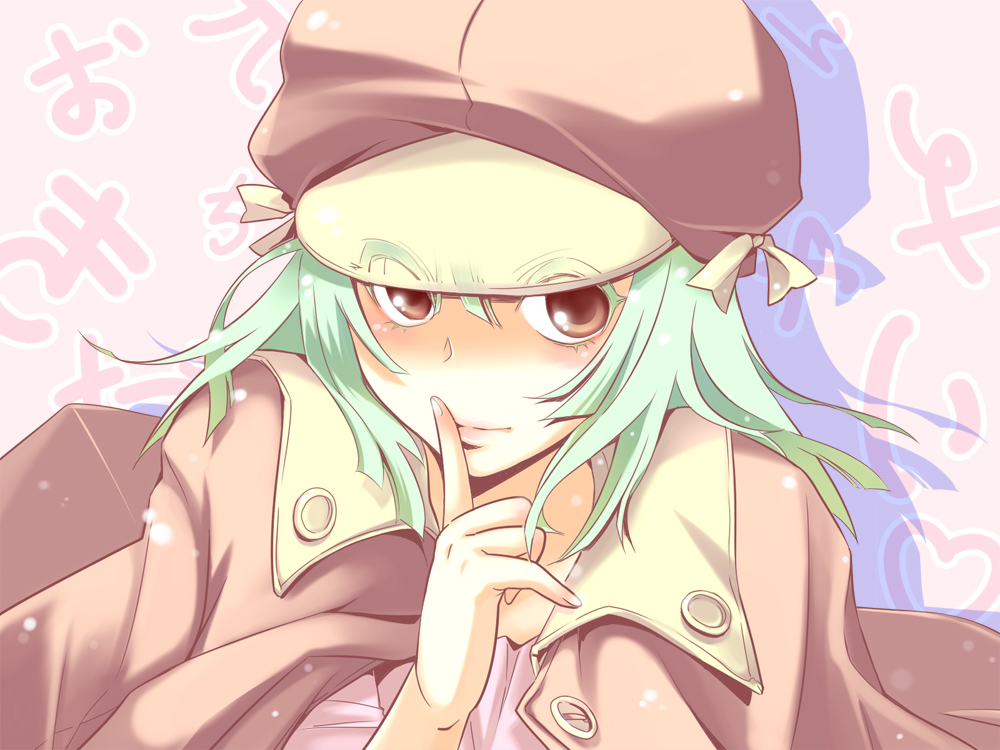 mytyl, sengoku nadeko, bakemonogatari, monogatari (series), 00s, 1girl, brown eyes, female focus, finger to mouth, green hair, hat, jacket, jacket on shoulders, newsboy cap, solo