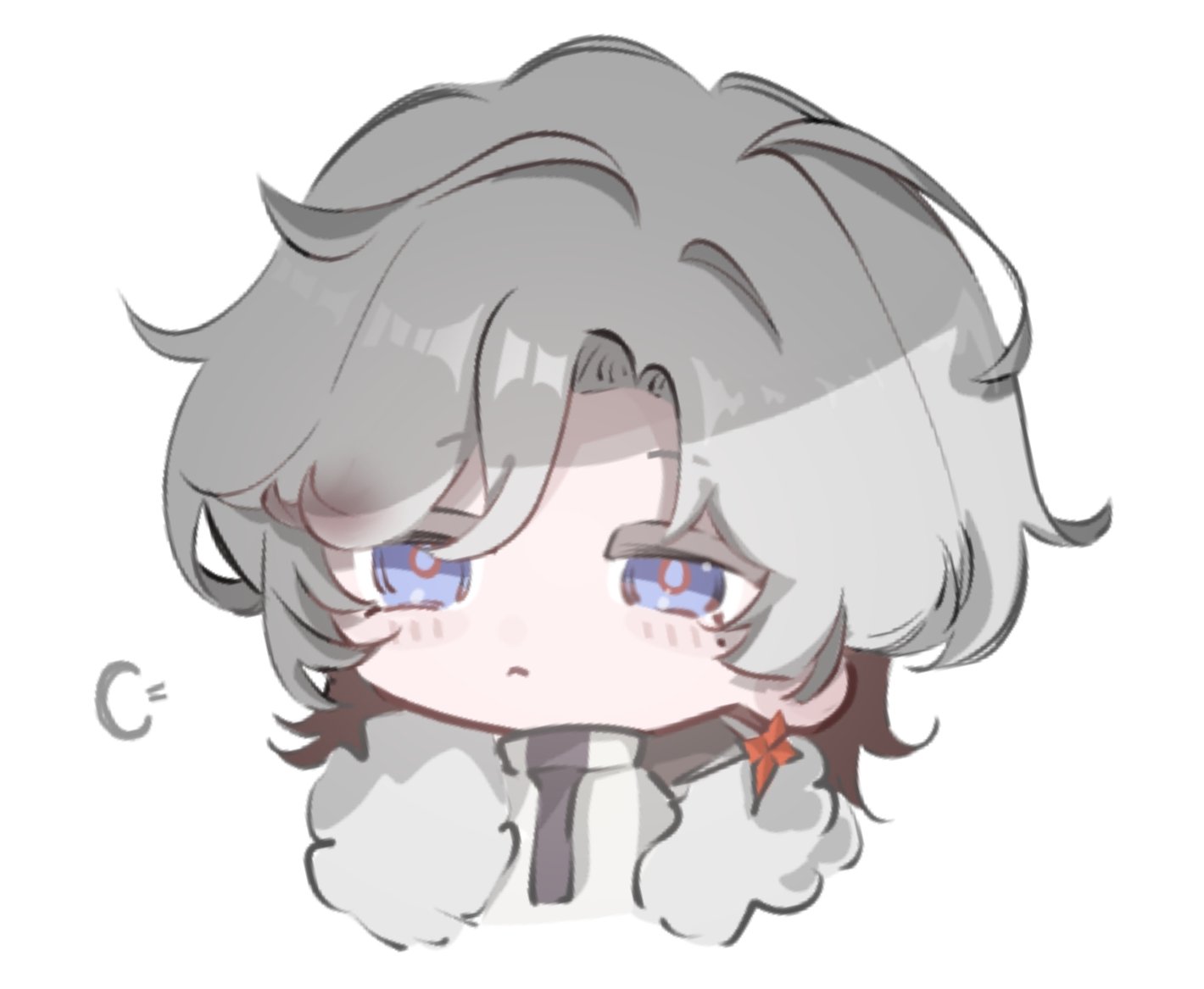 genshin impact, 1boy, closed mouth, earrings, fur collar, fur trim, grey hair, hair between eyes, illuga (genshin impact), jewelry, jizhou65711, looking at viewer, purple eyes, short hair, simple background, single earring, solo, upper body, white background