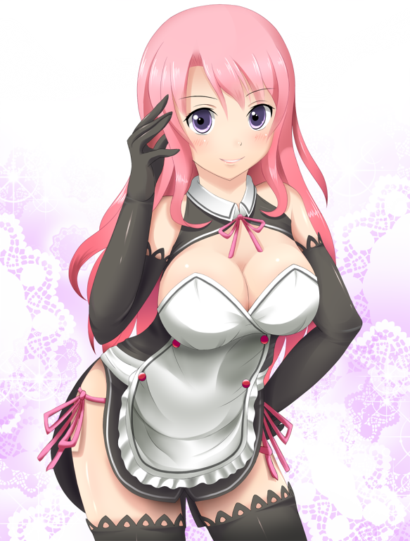 kinayuu, rui (dream c club), dream c club, dream c club (series), bad id, bad pixiv id, 1girl, blush, breasts, cleavage, elbow gloves, female focus, gloves, long hair, panties, pink hair, purple eyes, side-tie panties, smile, solo, thighhighs, underwear