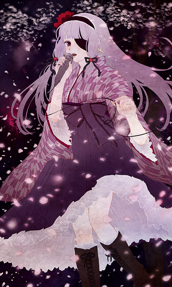 saintpaulia, mari (dream c club), dream c club, dream c club (series), cable, eyepatch, flower, hairband, japanese clothes, microphone, petals, purple eyes, purple hair, solo, wind