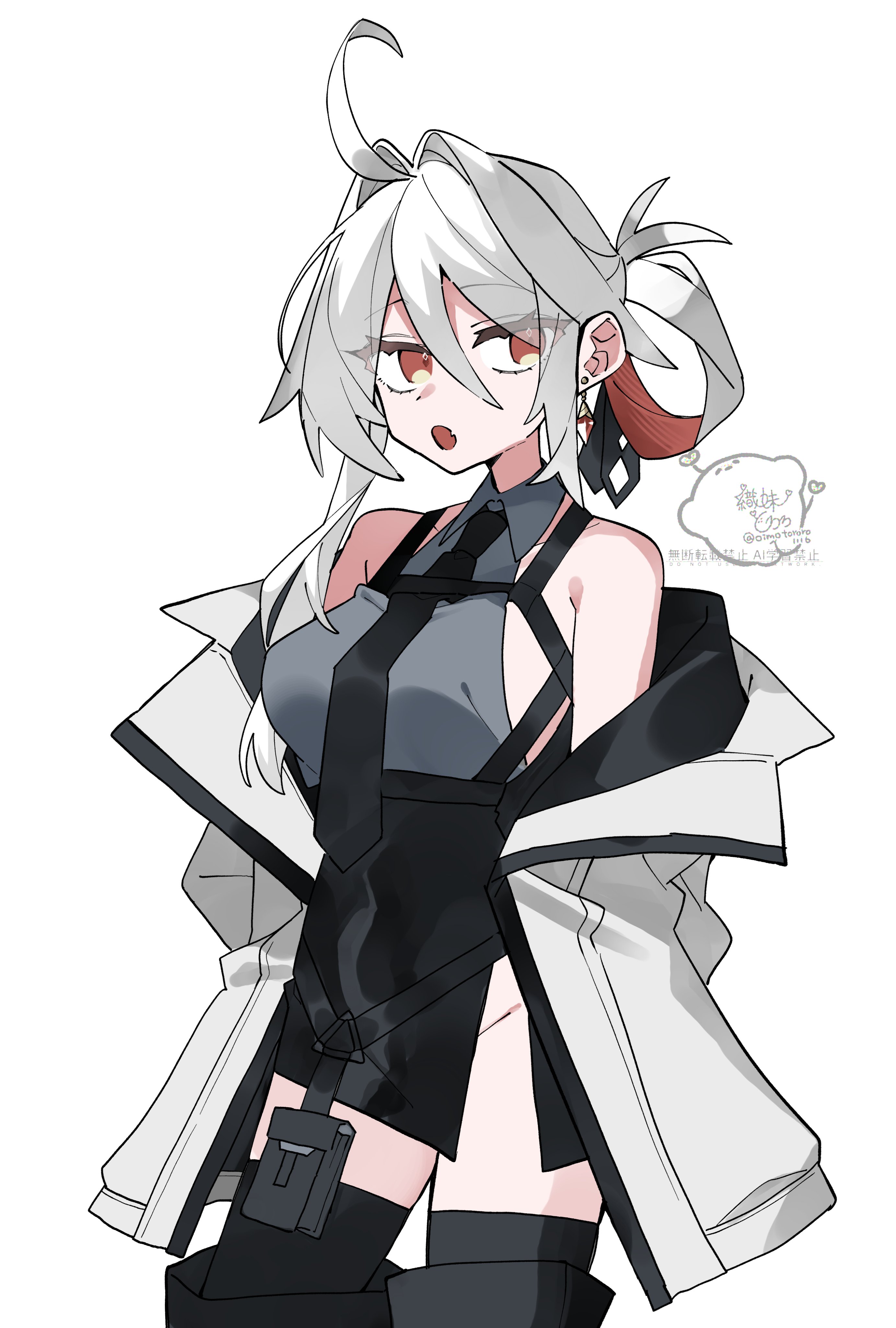 oimotororo1116, original, absurdres, highres, 1girl, :o, ahoge, bare shoulders, black boots, black skirt, black thighhighs, boots, breasts, coat, collared shirt, cowboy shot, cropped legs, earrings, fang, grey shirt, hair between eyes, hair intakes, jacket, jewelry, long hair, long sleeves, looking at viewer, messy hair, necktie, off shoulder, open clothes, open jacket, open mouth, orange eyes, pouch, shirt, sideboob, sidelocks, simple background, skirt, sleeveless, sleeveless shirt, solo, thigh boots, thighhighs, white background, white coat, white hair