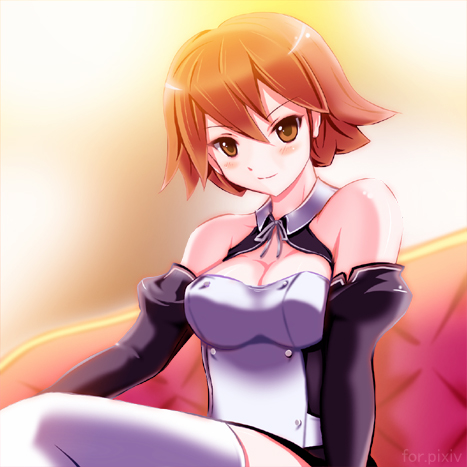 sys.ao, dream c club, dream c club (series), bad id, bad pixiv id, character request, lowres, 1girl, blush, breasts, brown eyes, brown hair, cleavage, detached sleeves, female focus, large breasts, short hair, sitting, solo, thighhighs