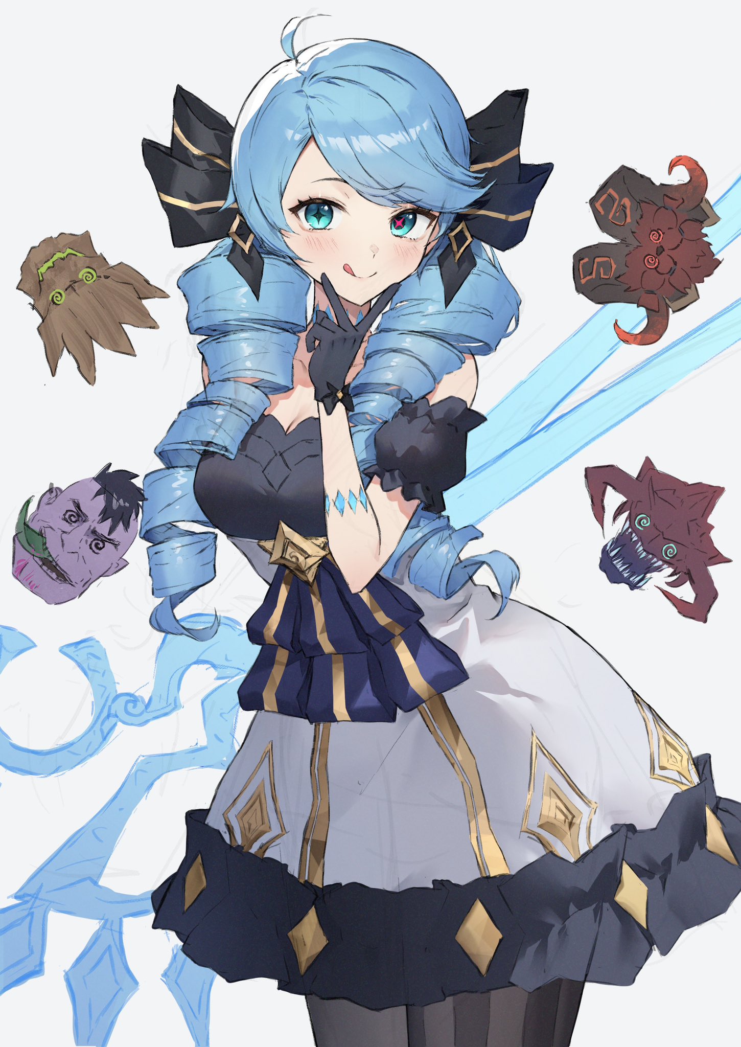 myske (myst34415756), cho'gath, dr. mundo, gwen (league of legends), maokai, ornn, league of legends, commentary request, highres, 1girl, 2boys, 2others, :q, @ @, ahoge, black gloves, blue eyes, blue hair, blush, breasts, chibi, chibi inset, cleavage, closed mouth, cowboy shot, cross-shaped pupils, detached sleeves, dress, drill hair, gloves, holding, holding scissors, long hair, medium breasts, mismatched pupils, multiple boys, multiple others, oversized object, pantyhose, scissors, simple background, solo focus, star-shaped pupils, star (symbol), symbol-shaped pupils, tongue, tongue out, twin drills, v, v over mouth, white background