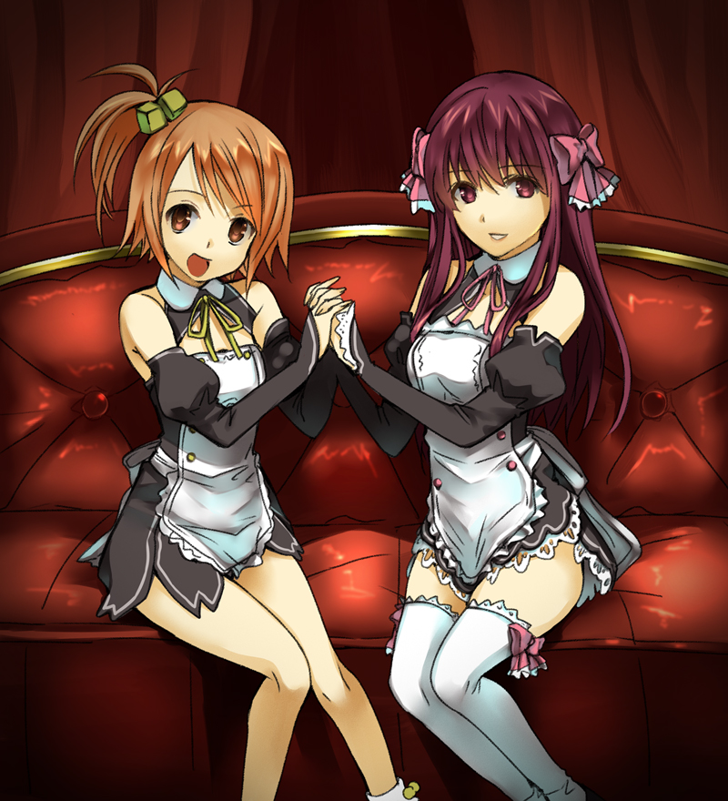 3u, amane (dream c club), setsu (dream c club), dream c club, dream c club (series), bad id, bad pixiv id, 2girls, bow, cube hair ornament, detached sleeves, hair bow, hair ornament, holding hands, multiple girls, purple eyes, purple hair, side ponytail, sitting, thighhighs