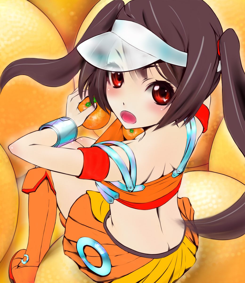 mamoru, mamoru (mamoru jinja), arancia, original, bad id, bad pixiv id, highres, 1girl, :o, boots, brown hair, butt crack, downblouse, female focus, food, fruit, long hair, looking back, open mouth, orange (fruit), orange skirt, red eyes, sitting, skirt, solo, twintails