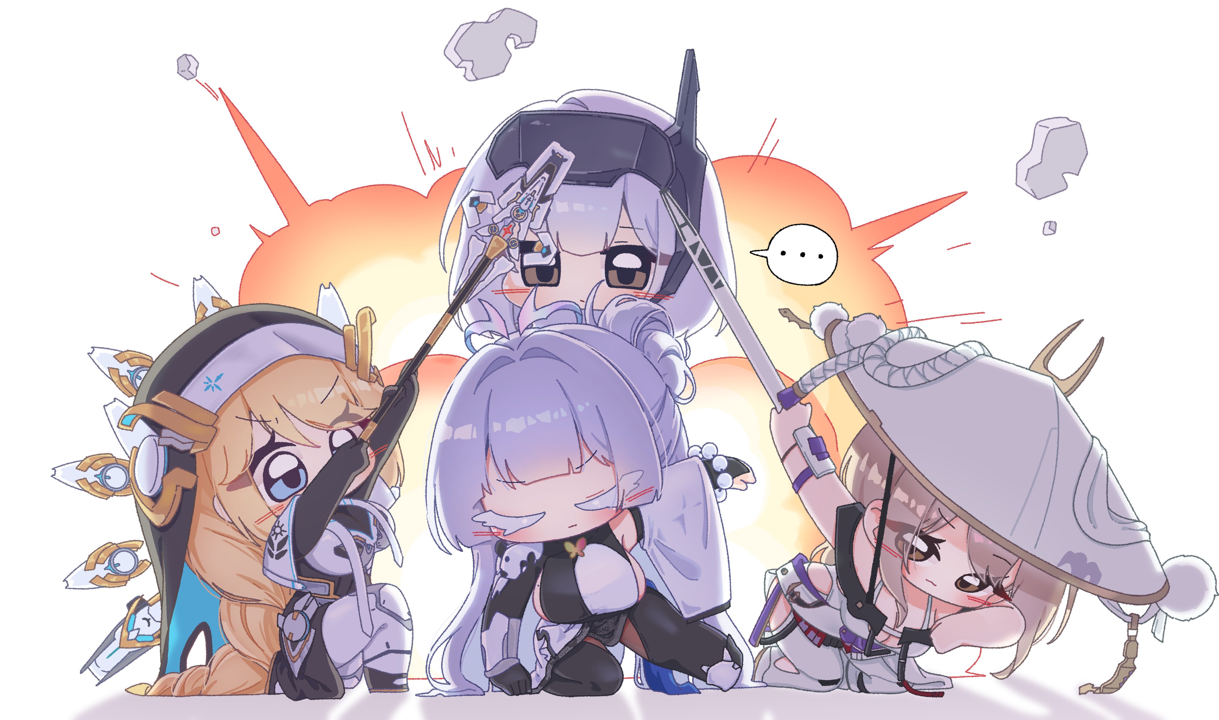 vonobono3, nayuta (nikke), rapunzel (nikke), scarlet (nikke), snow white (nikke), goddess of victory: nikke, absurdres, hashtag-only commentary, highres, …, 4girls, arm guards, armored bodysuit, bare shoulders, blonde hair, blue eyes, blush, braid, breasts, brown eyes, cleavage, closed eyes, closed mouth, colored eyelashes, explosion, full body, gloves, grey hair, hair between eyes, head-mounted display, holding, holding sword, holding weapon, horns, large breasts, large hat, long braid, long hair, long sleeves, looking at viewer, mechanical arms, mechanical horns, multiple girls, nun, single mechanical arm, smile, sword, very long hair, weapon