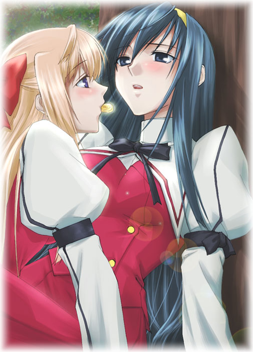 fervent idiot, himemiya chikane, kurusugawa himeko, kannazuki no miko, 00s, 2girls, blush, half updo, mouth hold, multiple girls, yuri