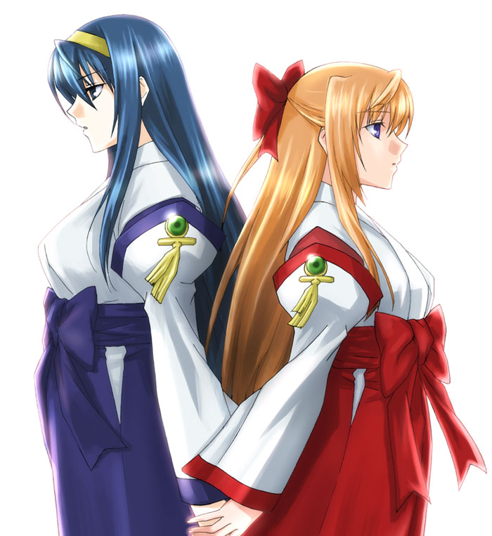 fervent idiot, himemiya chikane, kurusugawa himeko, kannazuki no miko, 00s, 2girls, blonde hair, blue eyes, blue hair, hair ribbon, hairband, half updo, japanese clothes, long hair, miko, multiple girls, profile, purple eyes, ribbon, yuri