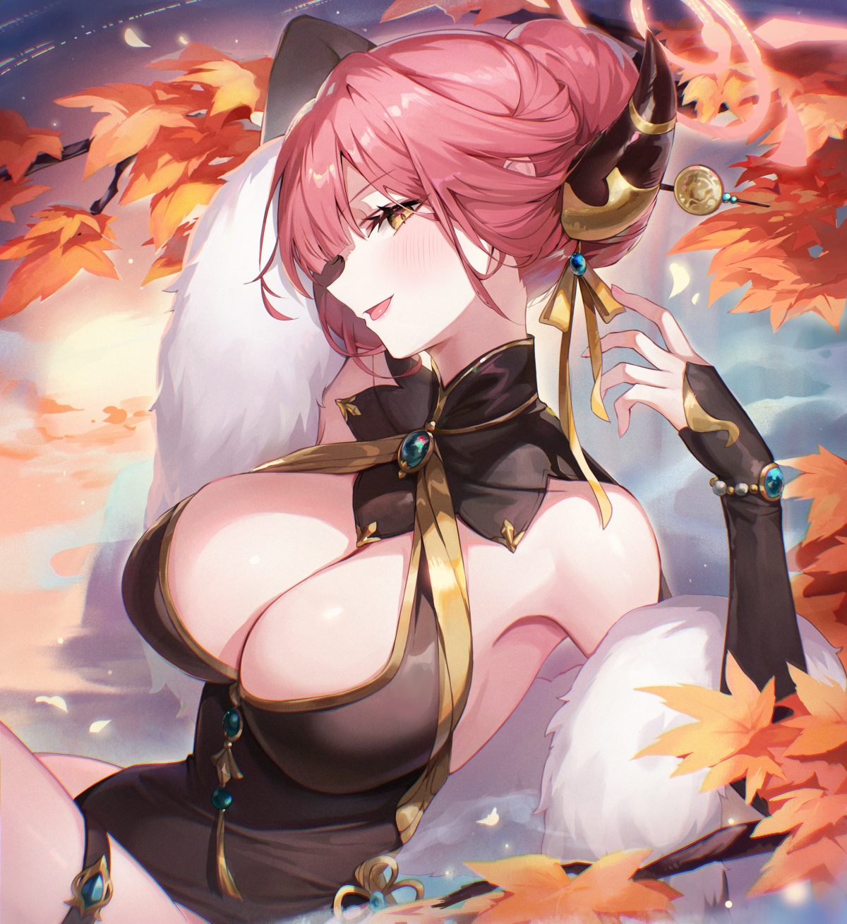 aru (blue archive), aru (flowery charms) (blue archive), blue archive, mahjong soul, commentary, highres, 1girl, :d, arm behind head, autumn, autumn leaves, bare shoulders, black dress, blunt bangs, blush, breasts, cano852, china dress, chinese clothes, cleavage, cleavage cutout, clothing cutout, cowboy shot, demon girl, demon horns, detached sleeves, dress, film grain, from side, fur shawl, hair bun, hair ornament, hair stick, halo, hand up, horns, large breasts, leaf, looking at viewer, maple leaf, medium hair, official alternate costume, official alternate hairstyle, open mouth, outdoors, pink hair, pink halo, profile, shawl, single hair bun, sitting, smile, solo, thigh strap, yellow eyes