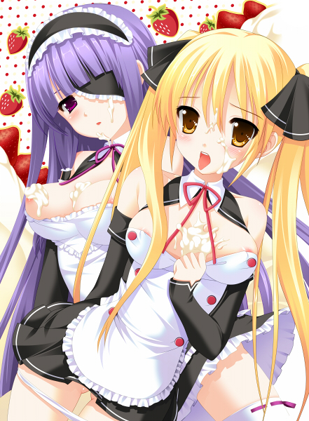 makita maki, mari (dream c club), mian (dream c club), dream c club, dream c club (series), bad id, bad pixiv id, 2girls, areola slip, blonde hair, blush, cream, detached sleeves, eyepatch, food, fruit, gluteal fold, hairband, long hair, maid, multiple girls, panties, panty pull, purple eyes, purple hair, strawberry, suggestive fluid, thighhighs, twintails, underwear, very long hair, yellow eyes