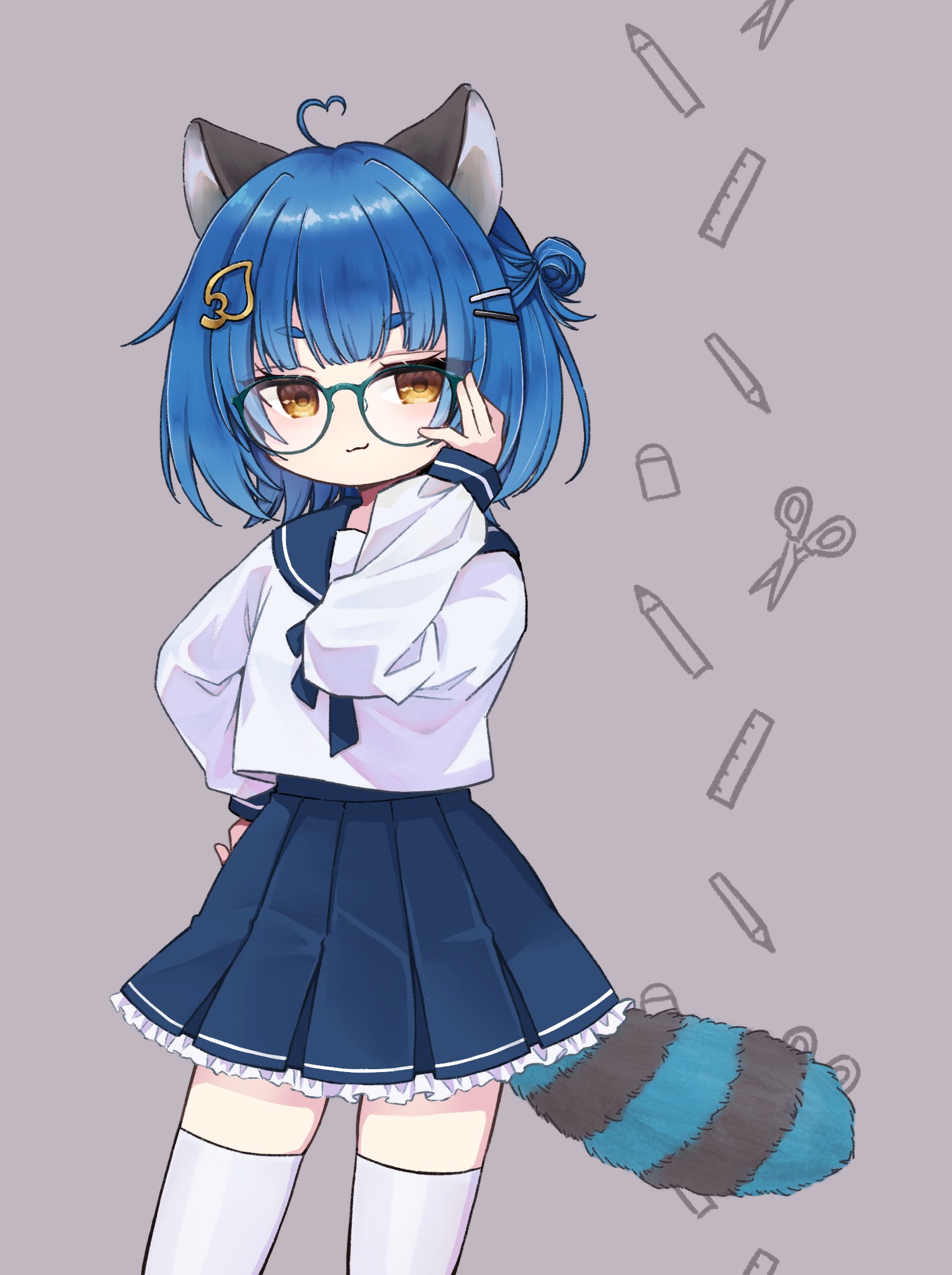 ya (inkokatte), poko rakun, chromashift, commentary, commission, english commentary, highres, second-party source, 1girl, :3, adjusting eyewear, ahoge, alternate costume, animal ears, bespectacled, blue-framed eyewear, blue hair, blue sailor collar, blue skirt, closed mouth, collared shirt, cowboy shot, eraser, eyelashes, glasses, grey background, hair bun, hair ornament, hairclip, hand on own hip, heart, heart ahoge, leaf hair ornament, long sleeves, pencil, raccoon ears, raccoon girl, raccoon tail, ruler, sailor collar, school uniform, scissors, serafuku, shirt, short hair, simple background, single side bun, skirt, smile, solo, tail, thighhighs, virtual youtuber, white shirt, white thighhighs, yellow eyes