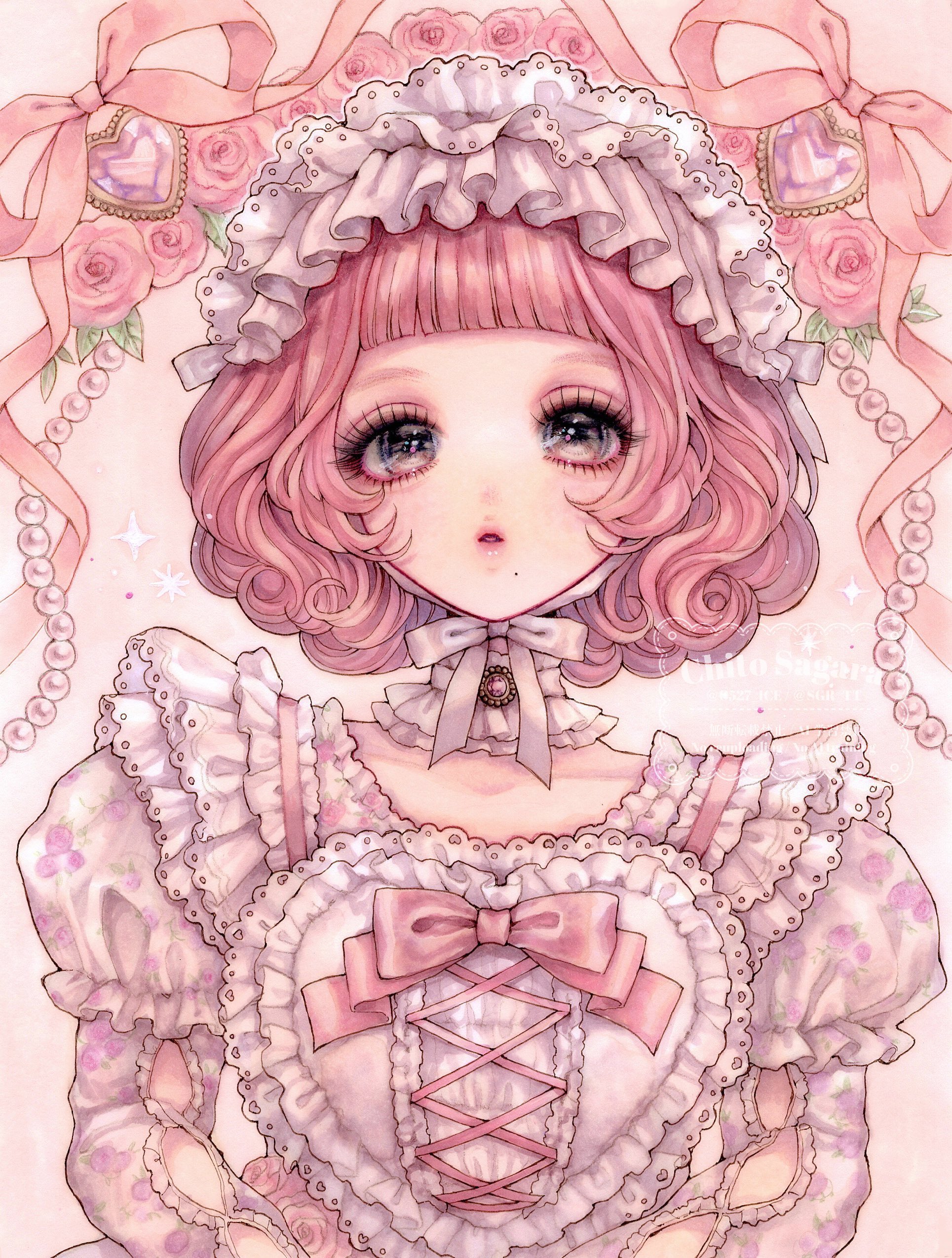 original, absurdres, commentary request, highres, marker (medium), traditional media, 1girl, beads, blunt bangs, bonnet, bow, center cross lace, choker, collarbone, curly hair, dress, eyelashes, floral print, flower, frilled bonnet, frilled dress, frilled sleeves, frills, gem, heart, heart-shaped gem, juliet sleeves, lace, lace choker, lolita fashion, long sleeves, looking at viewer, mole, mole under mouth, pink bow, pink eyes, pink flower, pink gemstone, pink hair, pink ribbon, pink rose, puffy sleeves, pursed lips, ribbon, rose, sagara chito, short hair, solo, sweet lolita, too many, too many frills, upper body, watermark, white bonnet, white bow