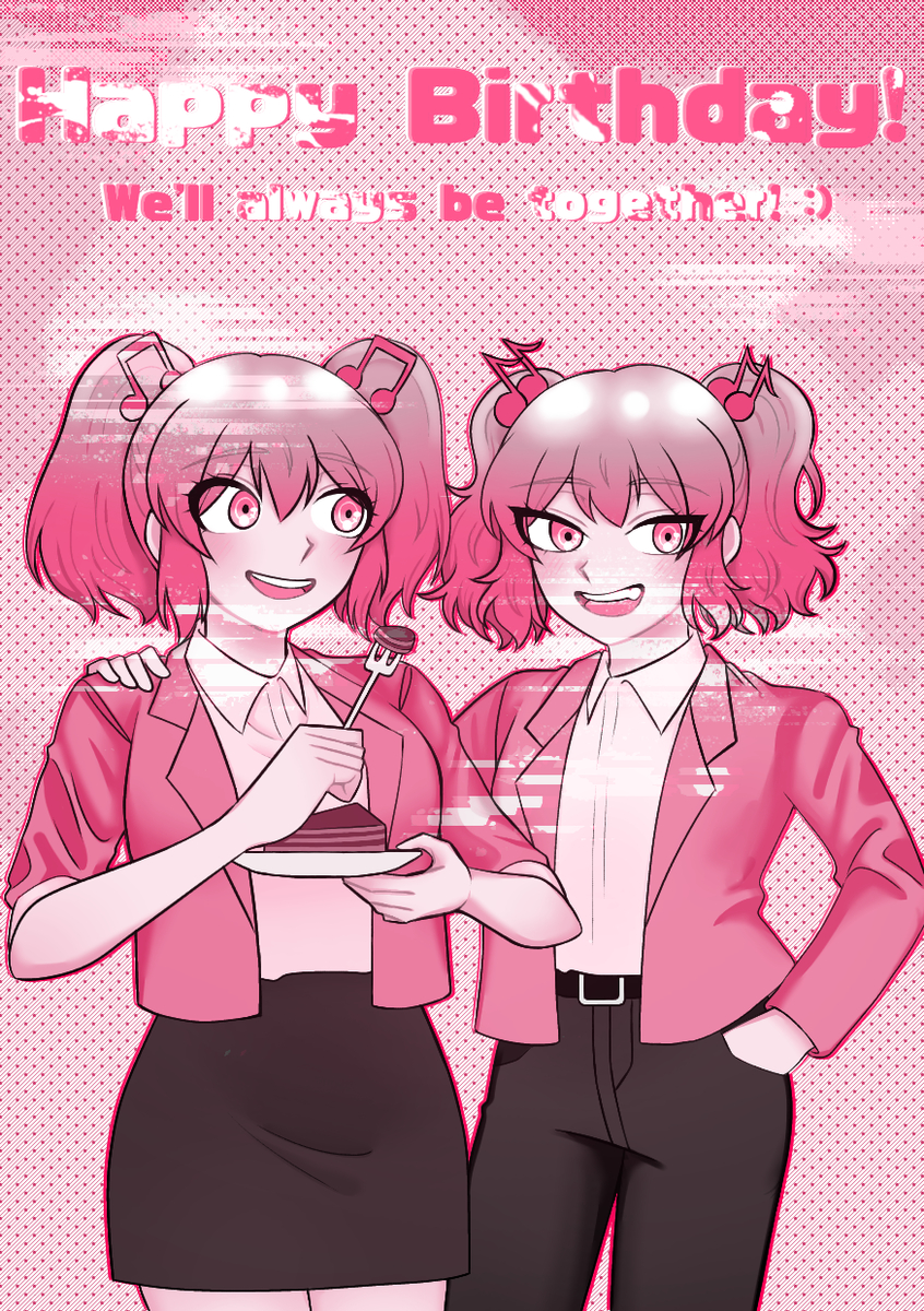 otonokoji hibiki, otonokoji kanade, danganronpa another, super danganronpa another 2, artist request, highres, 2girls, bow, cake, food, fortissimo, hair ornament, happy birthday, jacket, medium hair, multiple girls, musical note, musical note hair ornament, pink hair, short hair, siblings, sisters, twins, twintails