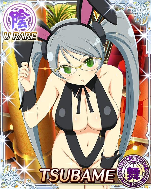 tsubame (senran kagura), senran kagura, senran kagura new wave, game cg, official art, third-party source, 1girl, :o, animal ear hairband, animal ears, arm up, black wrist cuffs, border, breasts, card (medium), character name, cleavage, detached collar, fake animal ears, green eyes, grey hair, groin, hairband, hand on own thigh, highleg, large breasts, leaning forward, long hair, looking at viewer, navel, playboy bunny, rabbit ear hairband, rabbit ears, solo, swept bangs, twintails, very long hair, wrist cuffs, yellow-framed eyewear