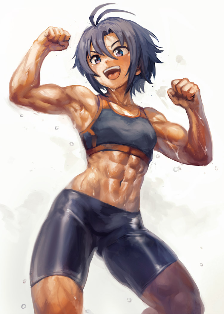 yilx, kikuchi makoto, idolmaster, idolmaster (classic), 1girl, abs, antenna hair, armpits, arms up, bike shorts, black hair, black sports bra, breasts, muscular, muscular female, navel, open mouth, purple eyes, short hair, solo, sports bra, standing, sweat, teeth, upper teeth only, white background