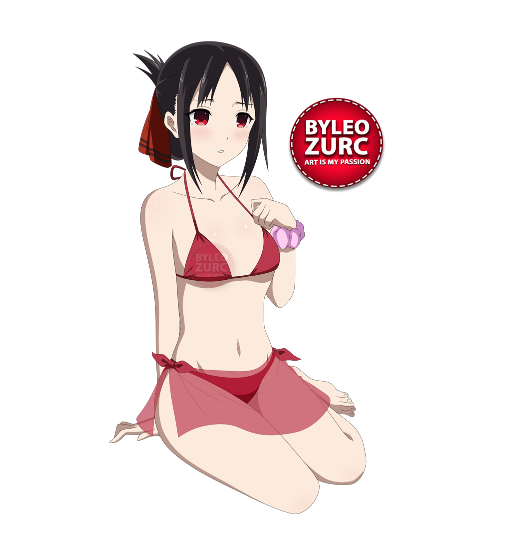 leozurcxxx, shinomiya kaguya, kaguya-sama wa kokurasetai ~tensai-tachi no renai zunousen~, 1girl, barefoot, black hair, bra, breasts, open mouth, panties, red eyes, short hair, solo, swimsuit, underwear