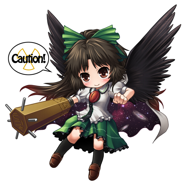 kei (pixiv), kei kei, reiuji utsuho, touhou, 1girl, arm cannon, bow, brown eyes, brown hair, cape, chibi, female focus, long hair, radiation symbol, solo, speech bubble, weapon, wings