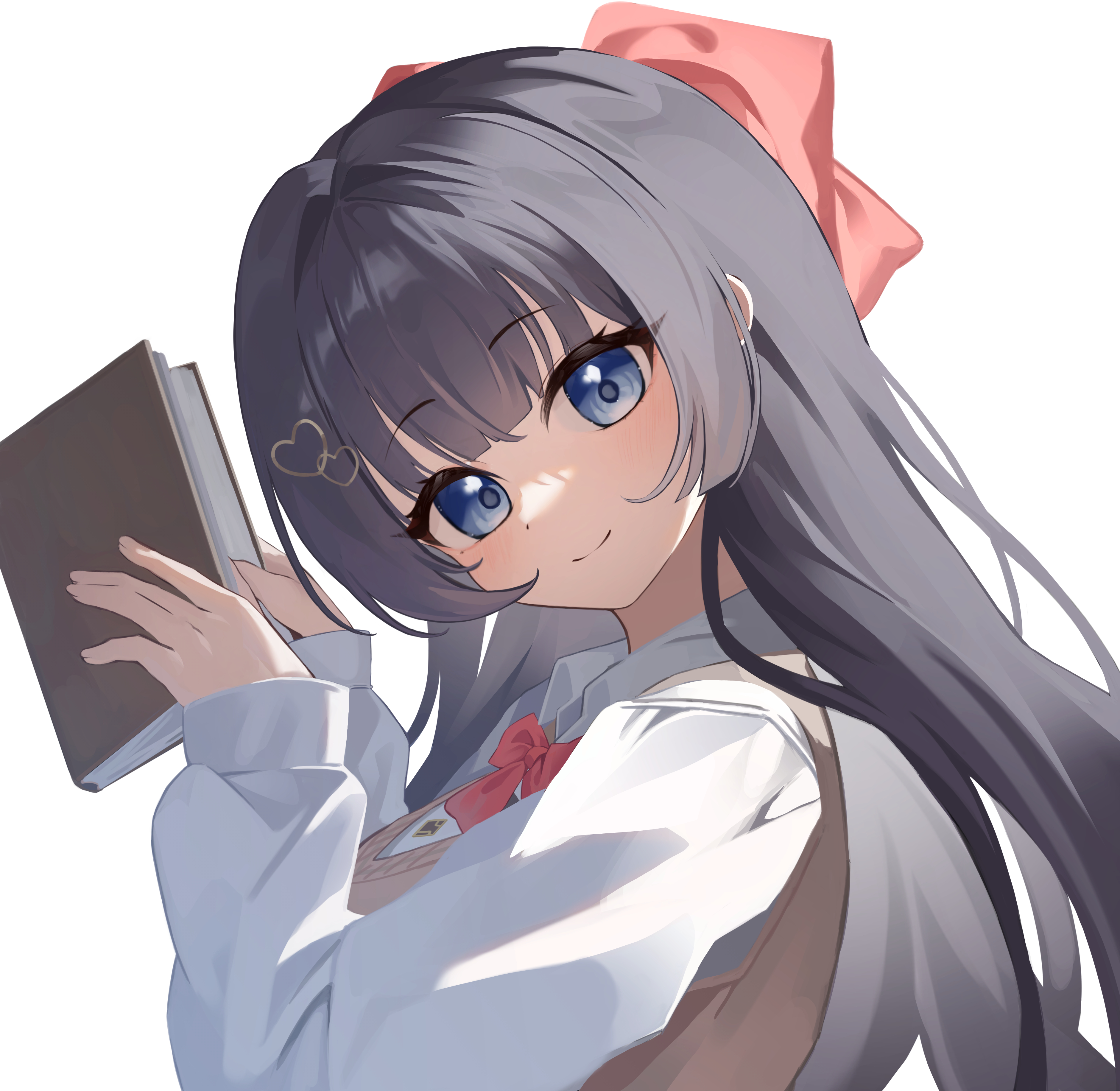 k cyp, shirayuki hina, stellive, absurdres, commentary, highres, symbol-only commentary, 1girl, black hair, blue eyes, book, brown sweater vest, closed mouth, from side, hair intakes, hair ornament, hands up, heart, heart hair ornament, holding, holding book, long hair, long sleeves, looking at viewer, looking to the side, shirt, smile, solo, sweater vest, turning head, upper body, virtual youtuber, white shirt