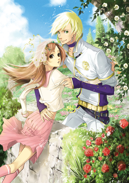 beri, original, wall, bad id, bad pixiv id, 1boy, 1girl, blonde hair, brown eyes, brown hair, choker, couple, earrings, flower, garden, green eyes, hetero, jewelry, looking back, school uniform, serafuku, veil