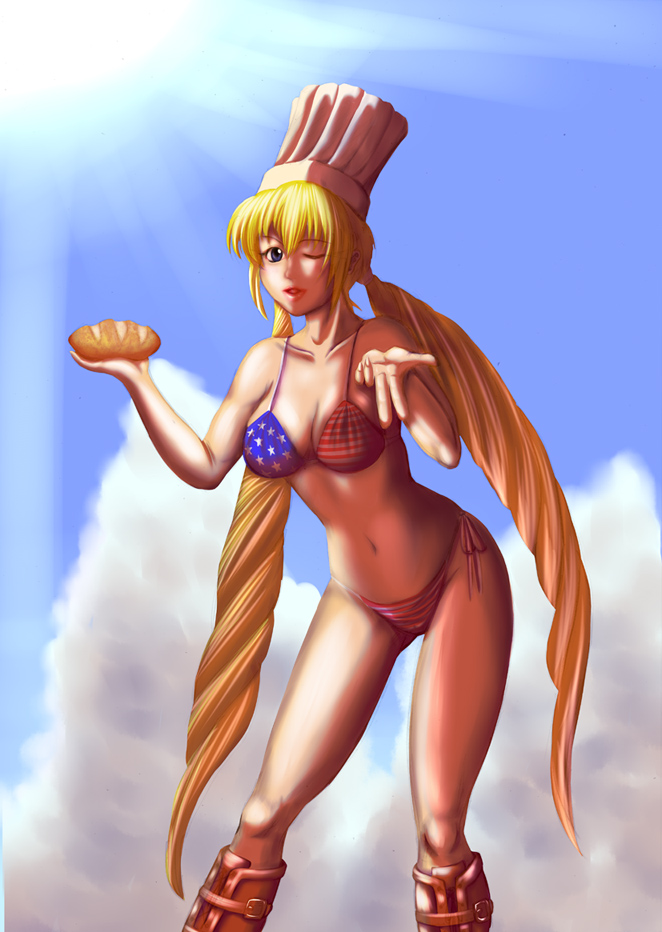 pirotan, monica adenauer, yakitate!! japan, 00s, 1girl, american flag, american flag bikini, american flag print, bikini, blonde hair, blowing kiss, blue eyes, boots, bread, breasts, chef hat, cloud, day, female focus, flag print, flag print bikini, food, hat, long hair, looking at viewer, medium breasts, navel, one eye closed, print bikini, side-tie bikini bottom, sky, solo, swimsuit, twintails, united states, very long hair, wink