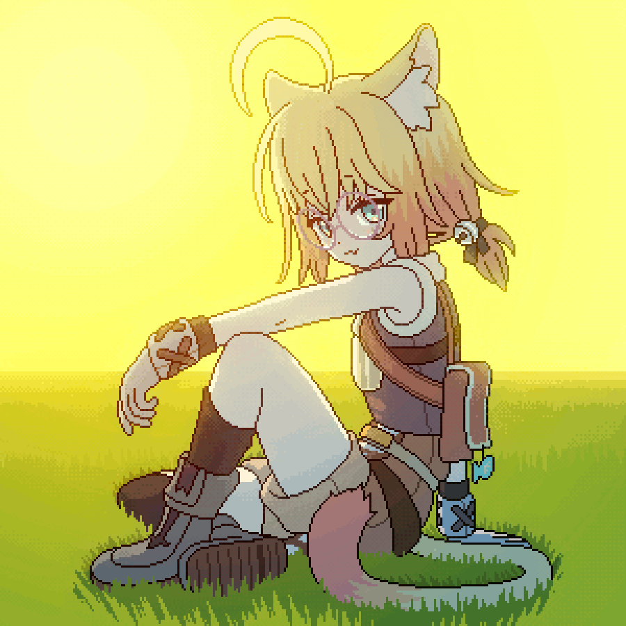 minikomew, indie virtual youtuber, commentary, english commentary, 1girl, :3, ahoge, alternate costume, animal ears, aqua eyes, arm on knee, bell, black ribbon, black socks, blonde hair, boots, brown bag, brown shorts, cat ears, cat girl, cat tail, closed mouth, eyelashes, fang, full body, glasses, grass, grey boots, hair bell, hair ornament, hair ribbon, medium hair, outdoors, pink-framed eyewear, pixel art, rangelost, ribbon, round eyewear, short twintails, shorts, sitting, skin fang, sky, sleeveless, smile, socks, solo, sun, tail, twintails, virtual youtuber, yellow sky