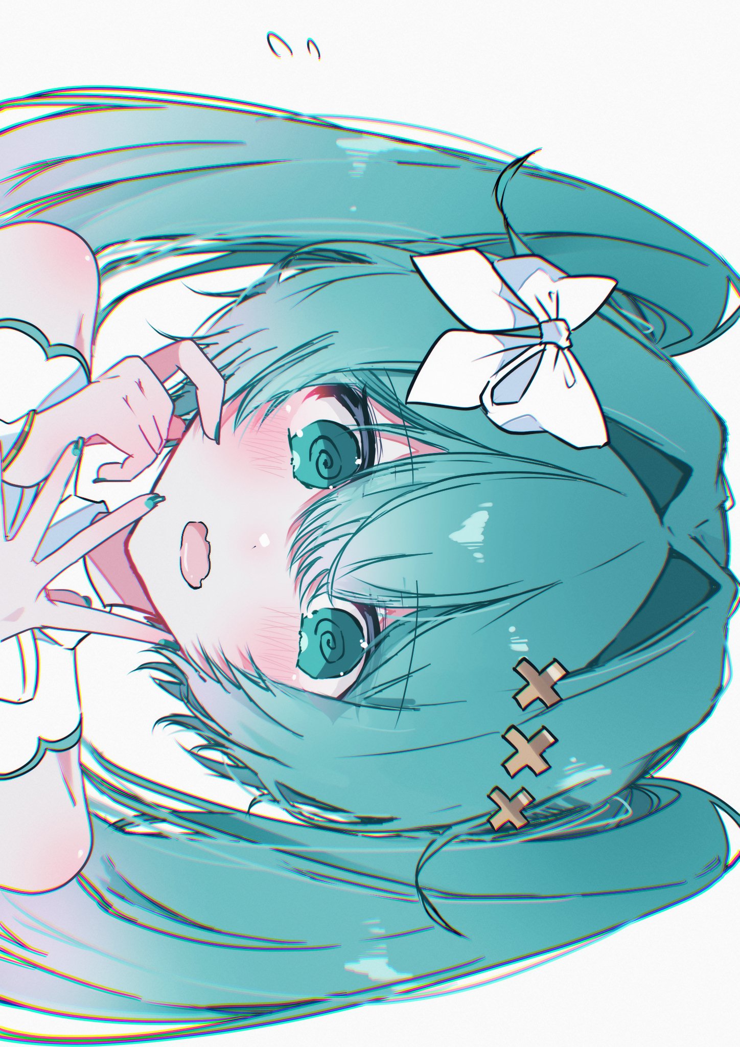 ria art, hatsune miku, hiramado miku, kowareta sekai to utaenai miku, project sekai, vocaloid, commentary request, highres, 1girl, @ @, aqua hair, aqua nails, bare shoulders, blush, bow, fingernails, hair bow, hair intakes, hair ornament, hand on own face, hands up, looking at viewer, nail polish, open mouth, portrait, sideways, simple background, solo, twintails, white background, white bow, x hair ornament