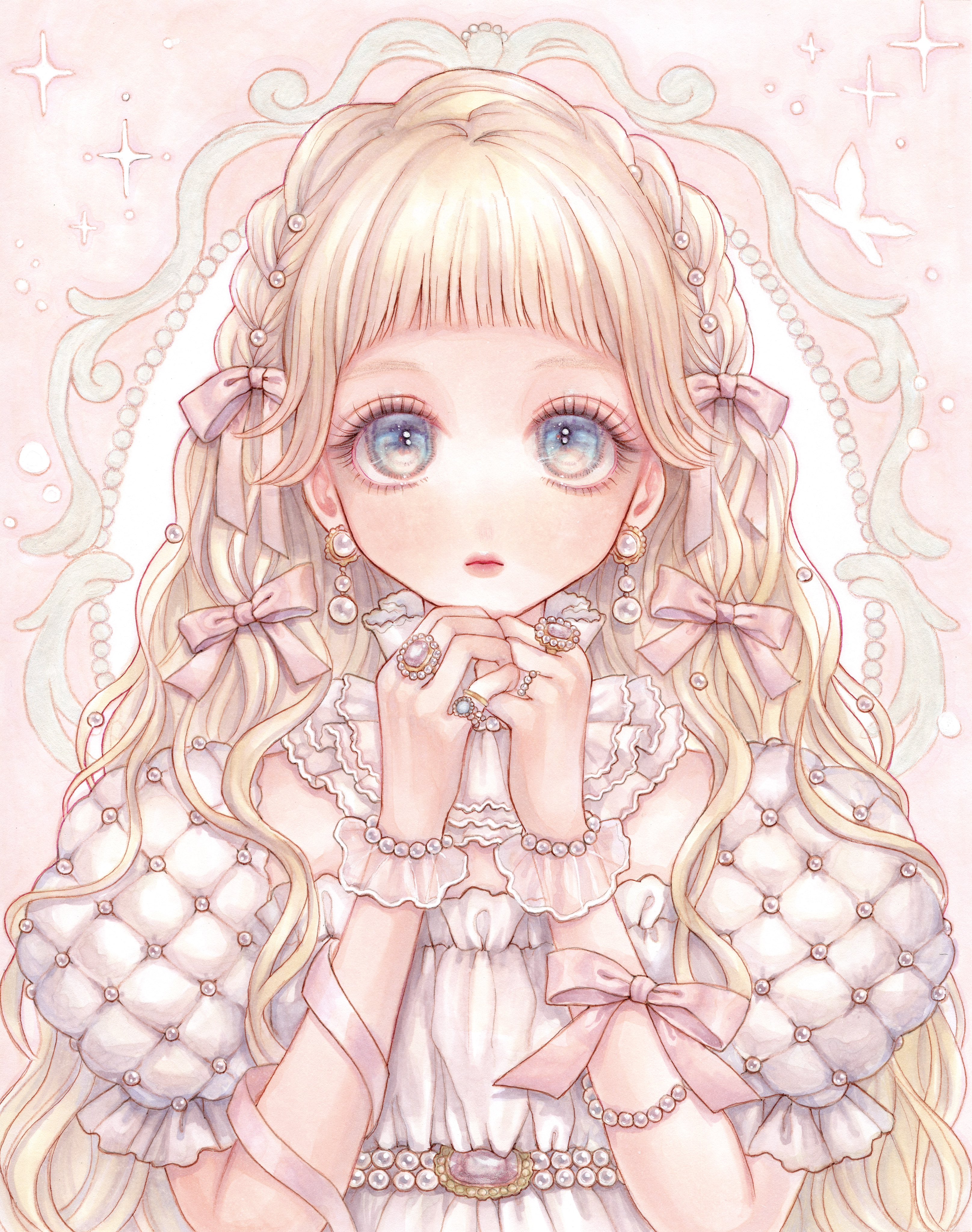 original, absurdres, commentary, hashtag-only commentary, highres, marker (medium), symbol-only commentary, traditional media, 1girl, arm ribbon, blonde hair, blue eyes, blunt bangs, bow, braid, collar, earrings, eyelashes, hair bow, hair over shoulder, hands up, jewelry, lace collar, lace wrist cuffs, lips, long hair, looking at viewer, multiple rings, ornate ring, own hands together, pearl earrings, pearl hair ornament, pink bow, pink ribbon, puffy short sleeves, puffy sleeves, ribbon, ring, sagara chito, shirt, short sleeves, side braids, solo, upper body, white collar, white shirt, wide-eyed, wrist cuffs