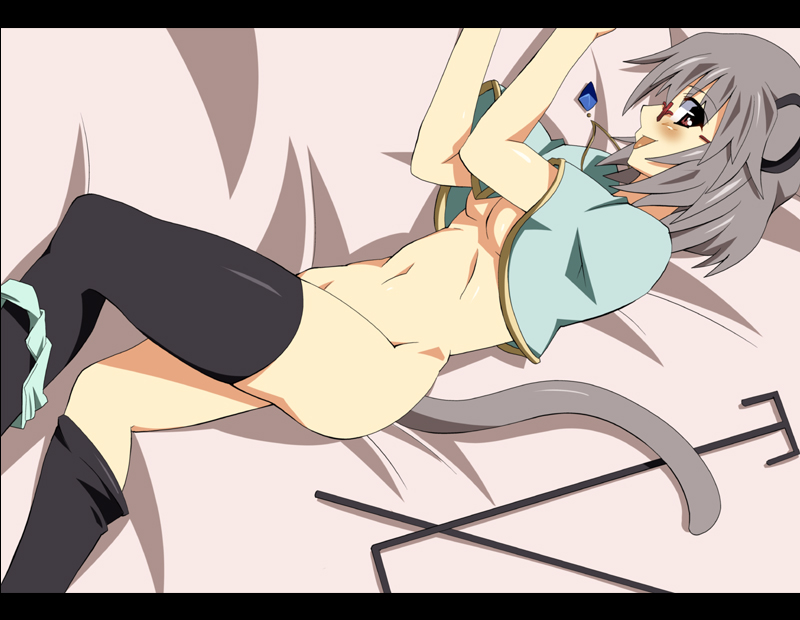shin'ya (nanp), nazrin, touhou, 1girl, animal ears, bespectacled, black thighhighs, bottomless, breasts, capelet, cleavage, cosplay, dowsing rod, female focus, glasses, grey hair, jewelry, lying, mouse ears, mouse tail, no panties, panties, panties around leg, pendant, red eyes, shawl, solo, tail, thighhighs, tongue, underwear