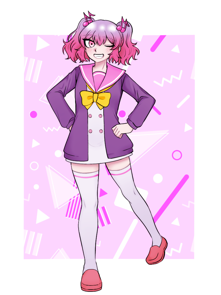 otonokoji hibiki, danganronpa another, super danganronpa another 2, artist request, 1girl, bow, fortissimo, hair ornament, jacket, leggings, multicolored hair, musical note, musical note hair ornament, one eye closed, pink eyes, pink hair, red shoes, sailor, shoes, short hair, smile, solo