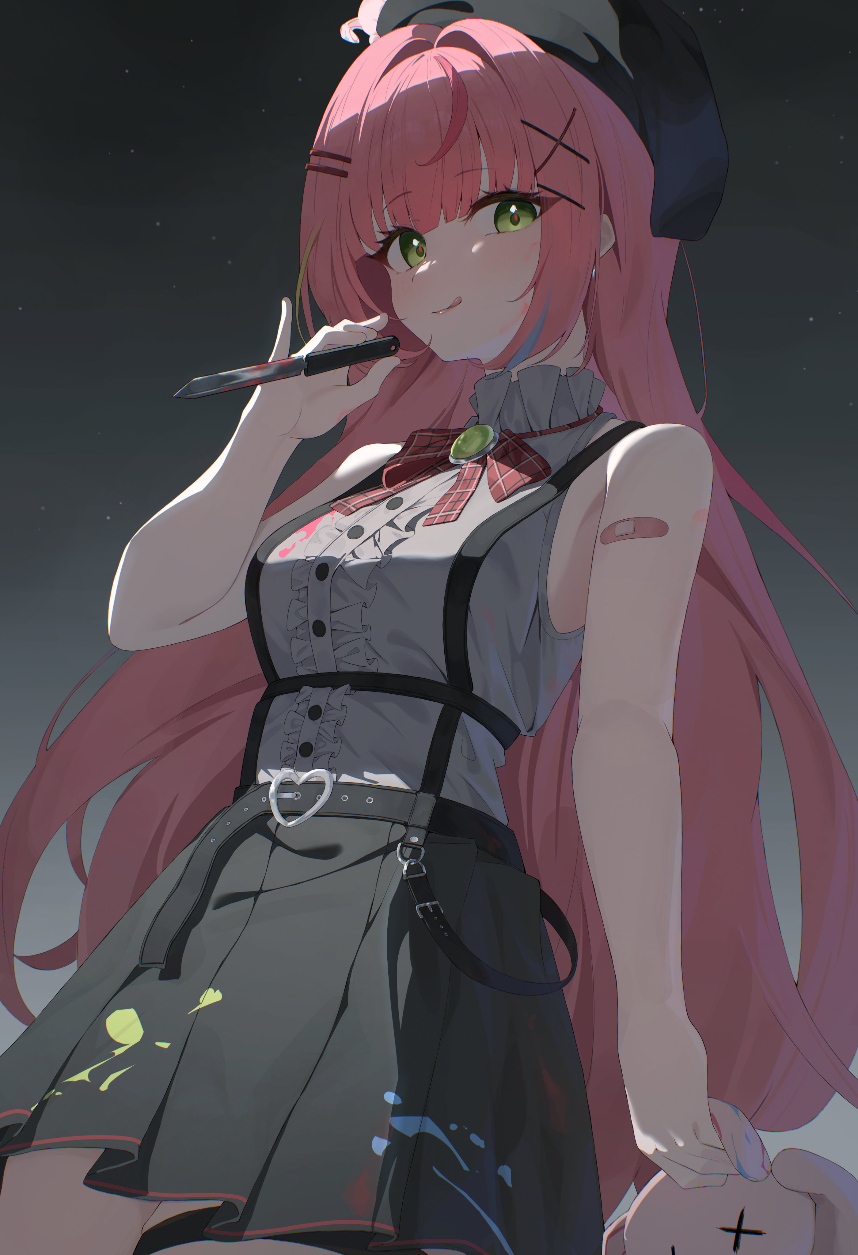 k cyp, hanako nana, stellive, absurdres, hashtag-only commentary, highres, 1girl, arm at side, bandaid, bandaid on arm, beret, black hat, black skirt, blood, bloody weapon, bow, bowtie, breasts, brooch, center frills, closed mouth, frilled shirt, frilled shirt collar, frills, green eyes, grey shirt, hair intakes, hair ornament, hairclip, hand up, hat, holding, holding knife, holding stuffed toy, jewelry, knife, long hair, looking at viewer, looking to the side, multicolored hair, night, outdoors, paint on clothes, paint splatter, parallel hairclips, pink hair, plaid bow, plaid bowtie, plaid clothes, pleated skirt, red bow, red bowtie, shirt, shirt tucked in, sideways glance, skirt, sleeveless, sleeveless shirt, solo, star (sky), straight hair, streaked hair, stuffed animal, stuffed toy, tongue, tongue out, very long hair, virtual youtuber, weapon, x hair ornament