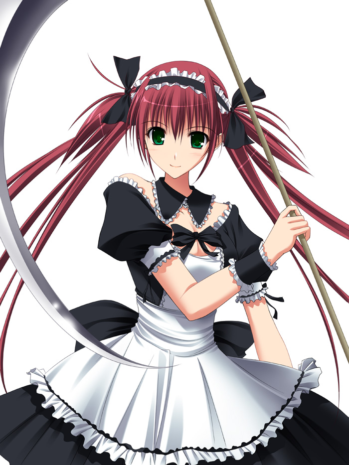 takepon, airi (queen's blade), airi (the infernal temptress), queen's blade, 00s, 1girl, female focus, green eyes, hairband, long hair, maid, red hair, scythe, smile, solo, twintails, wrist cuffs