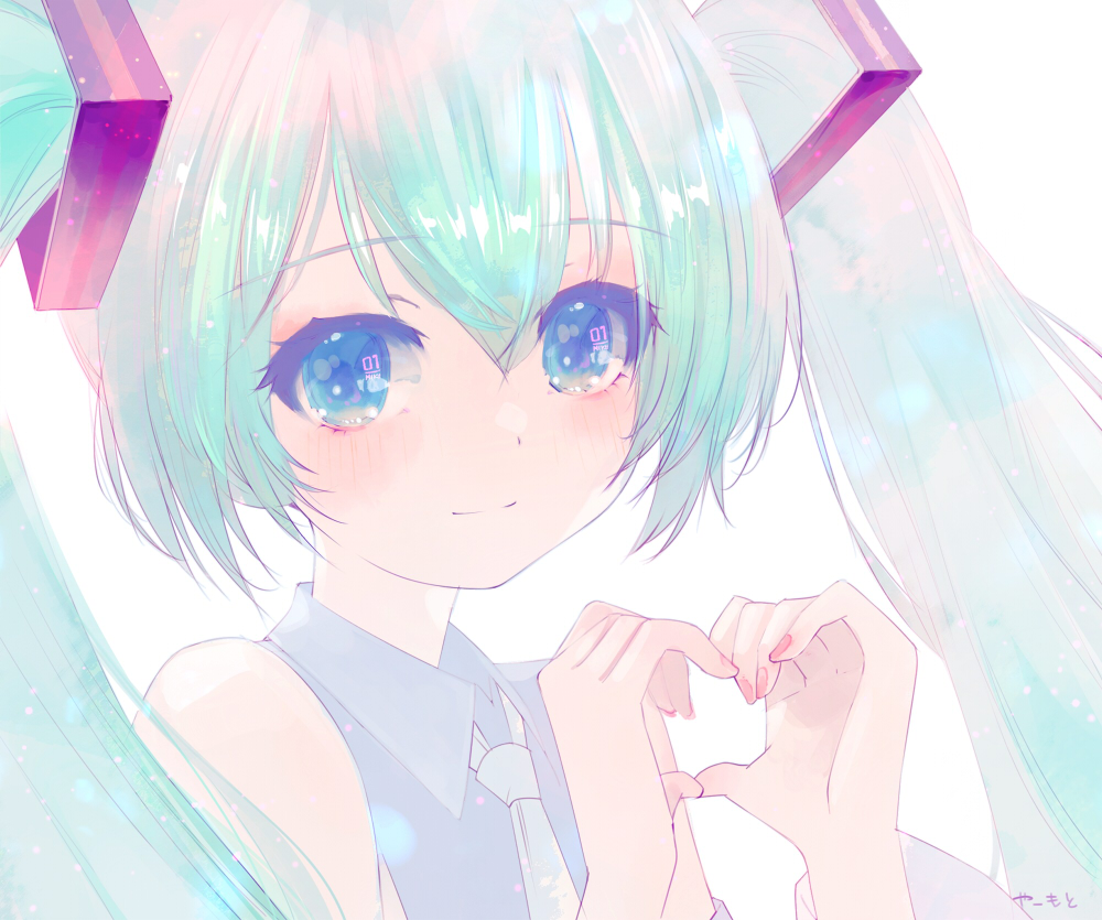 hatsune miku, vocaloid, commentary request, 1girl, aqua hair, bare shoulders, blue eyes, blue necktie, closed mouth, collared shirt, grey shirt, hair between eyes, hair ornament, hands up, heart, heart hands, light blush, light smile, looking at viewer, necktie, number in eye, shirt, sleeveless, sleeveless shirt, solo, twintails, upper body, yaamoto (yaaaaaaaaaamoto)