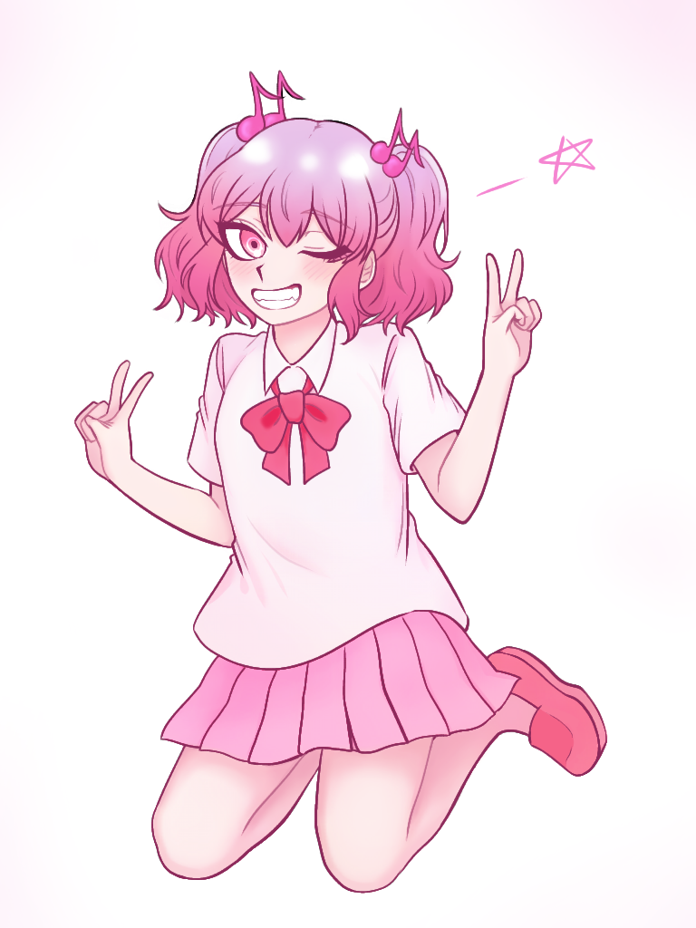 otonokoji hibiki, danganronpa another, super danganronpa another 2, artist request, 1girl, bow, fortissimo, hair ornament, multicolored hair, musical note, musical note hair ornament, one eye closed, pink eyes, pink hair, red shoes, shirt, shoes, short hair, skirt, smile, solo