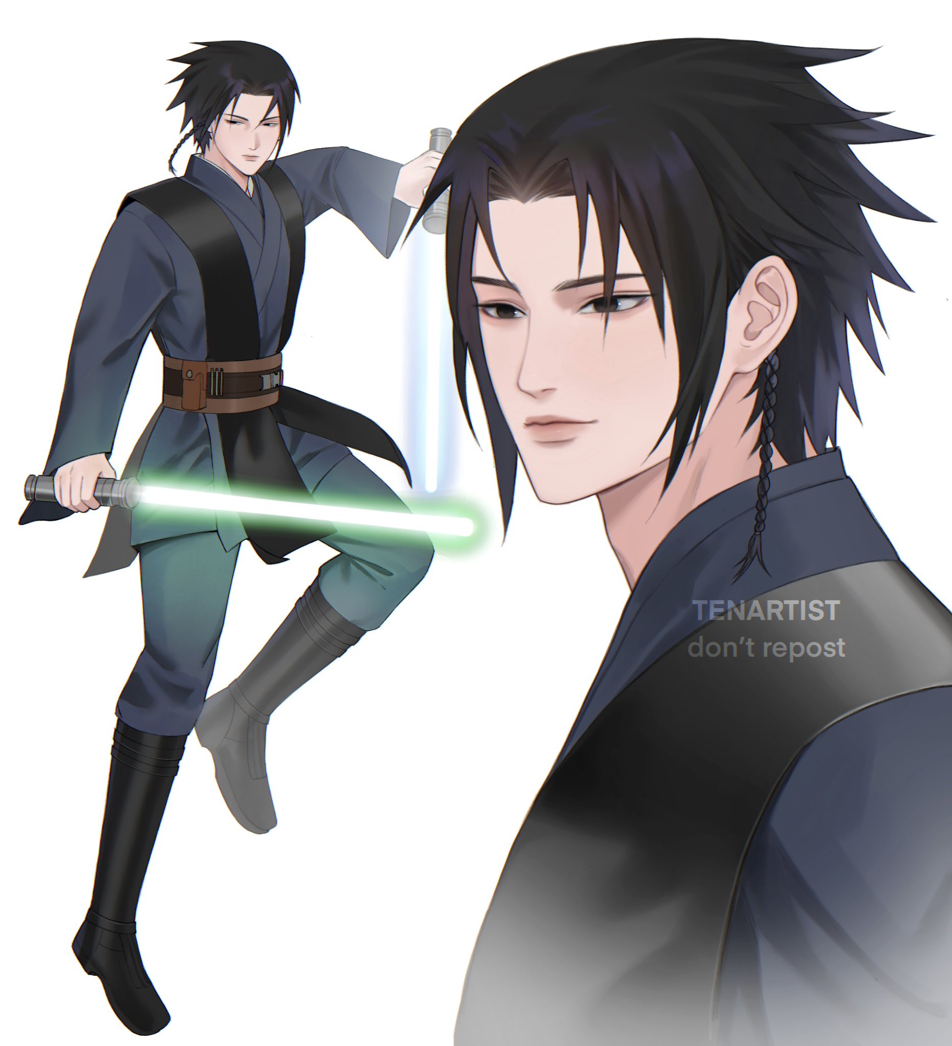 tenartistt, anakin skywalker, uchiha sasuke, naruto (series), star wars, commentary, english commentary, highres, 1boy, alternate costume, anakin skywalker (cosplay), artist name, black boots, black hair, black vest, blue kimono, blue lightsaber, blue pants, boots, braid, chromatic aberration, closed mouth, cosplay, cropped arms, dual wielding, energy sword, feet up, floating, floating hair, full body, green lightsaber, holding, holding sword, holding weapon, japanese clothes, kimono, knee boots, levitation, light smile, lightsaber, looking ahead, looking down, male focus, multiple views, pants, parted bangs, short braid, side braid, simple background, spiked hair, sword, vest, watermark, weapon, white background