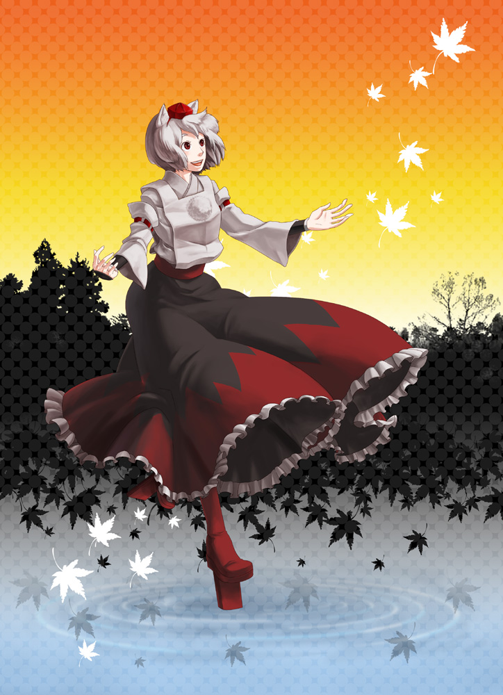 infinist, inubashiri momiji, touhou, silver hair, 1girl, animal ears, detached sleeves, female focus, geta, hat, leaf, red eyes, short hair, solo, tengu-geta, tokin hat, wolf ears
