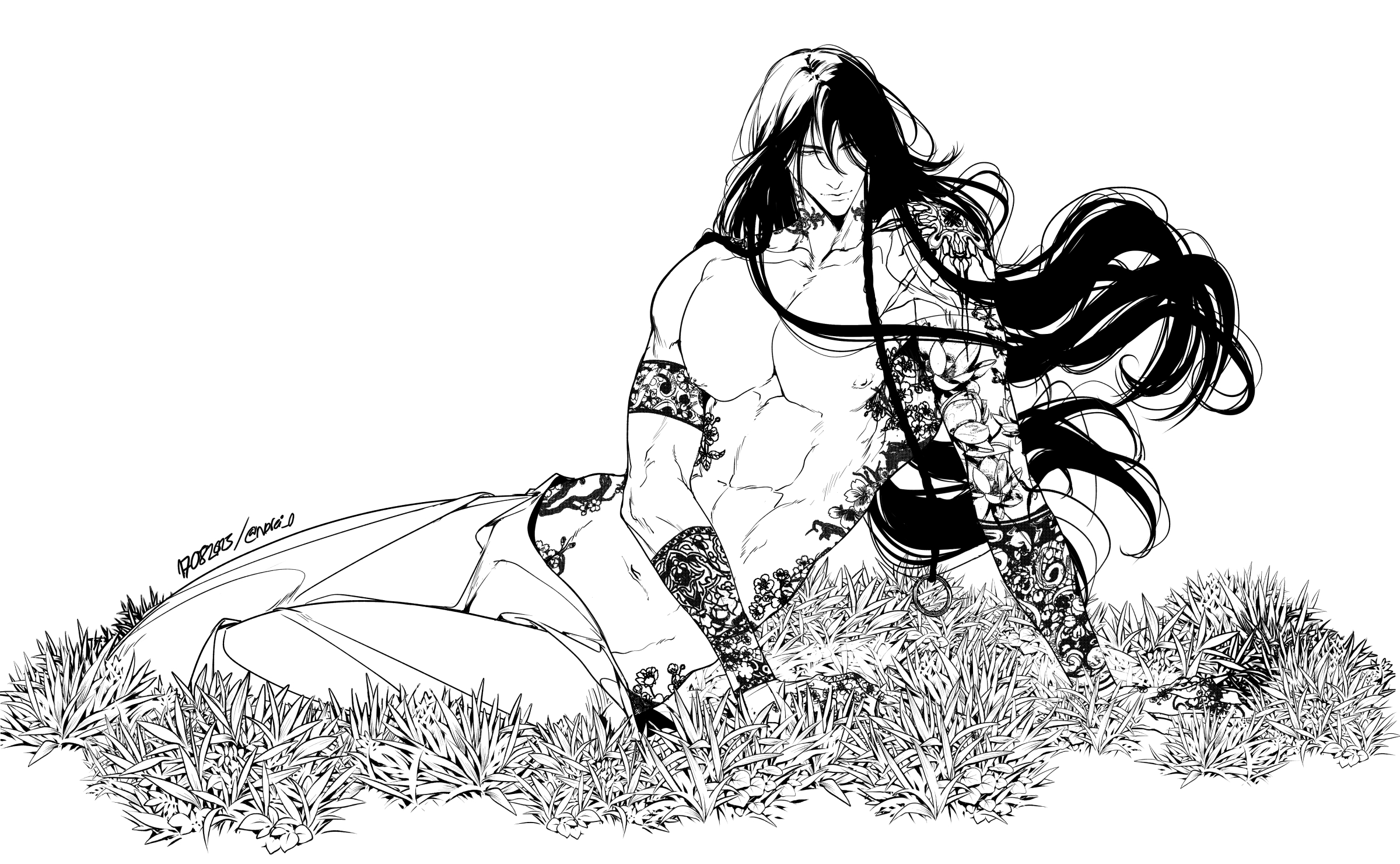 norei 0, original, highres, 1boy, arm tattoo, closed mouth, dated, flower tattoo, full body, greyscale, hair between eyes, long hair, male focus, monochrome, muscular, nipples, pectorals, reclining, signature, solo, tattoo, topless male, white background